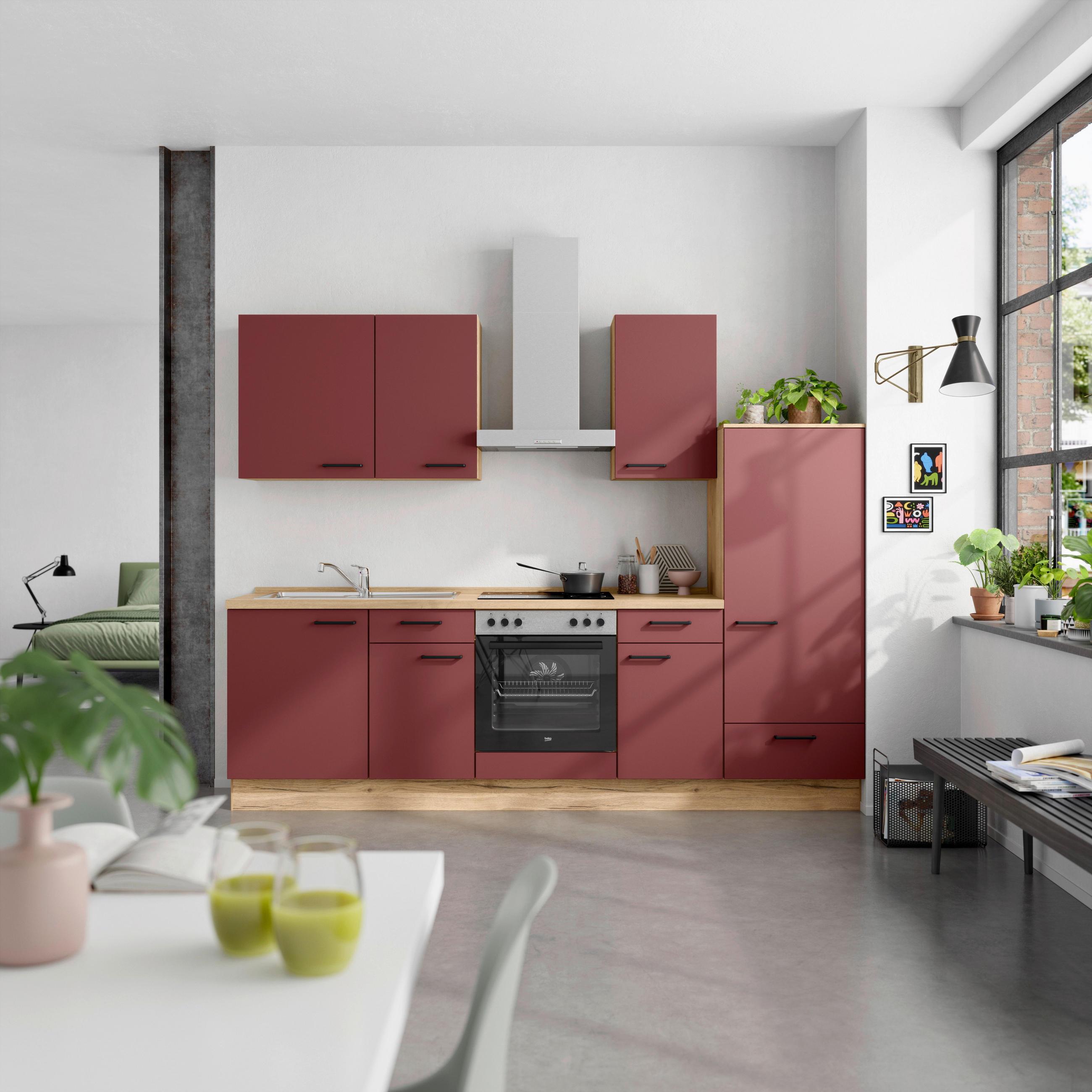 KÜCHENBLOCK 270 cm   in Eichefarben, Dunkelrot  - Eichefarben/Schwarz, MODERN, Holzwerkstoff/Metall (270cm) - Nobilia