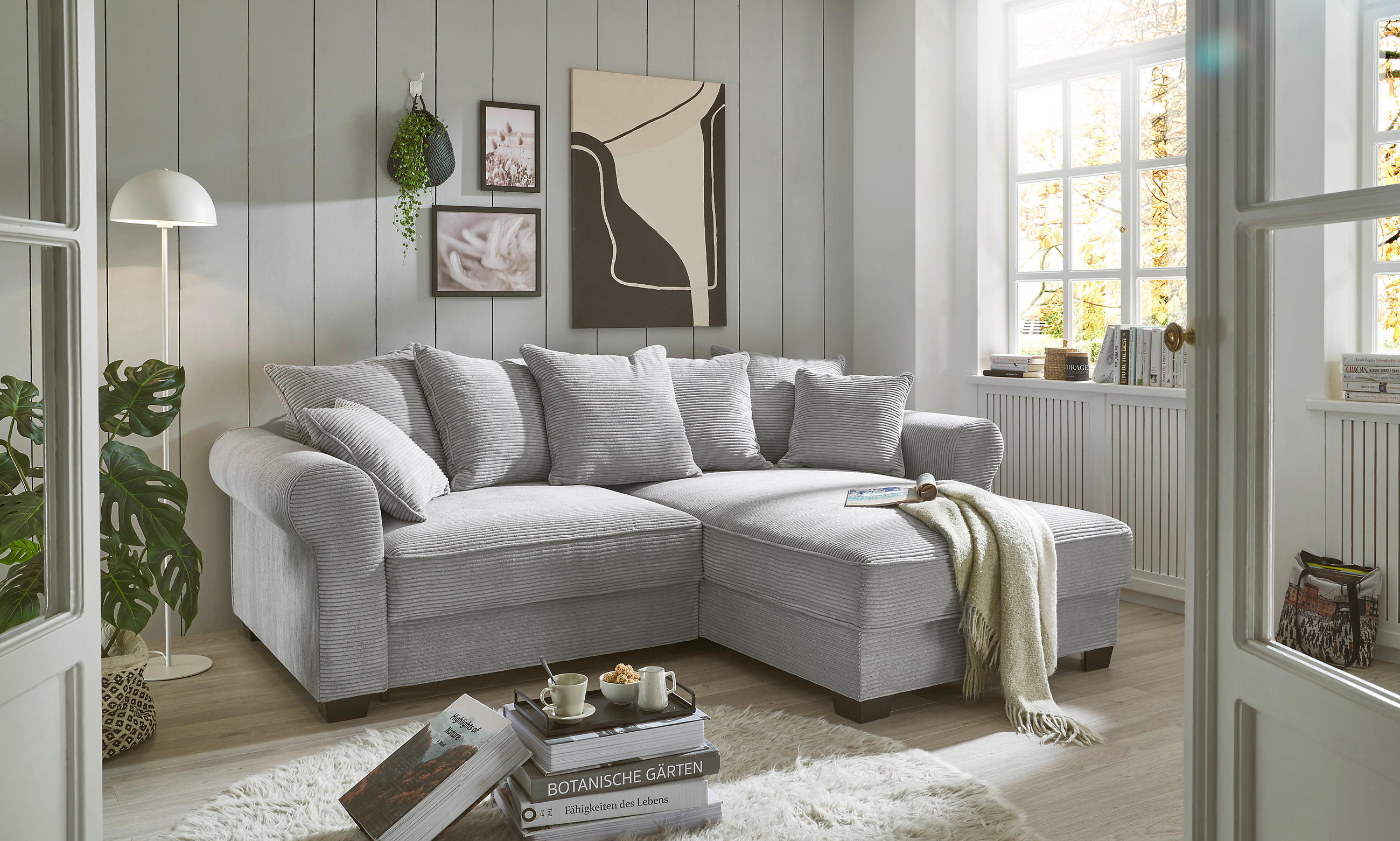 ECKSOFA Hellgrau Cord - Hellgrau/Schwarz, KONVENTIONELL, Kunststoff/Textil (255/185cm) - Hom`in