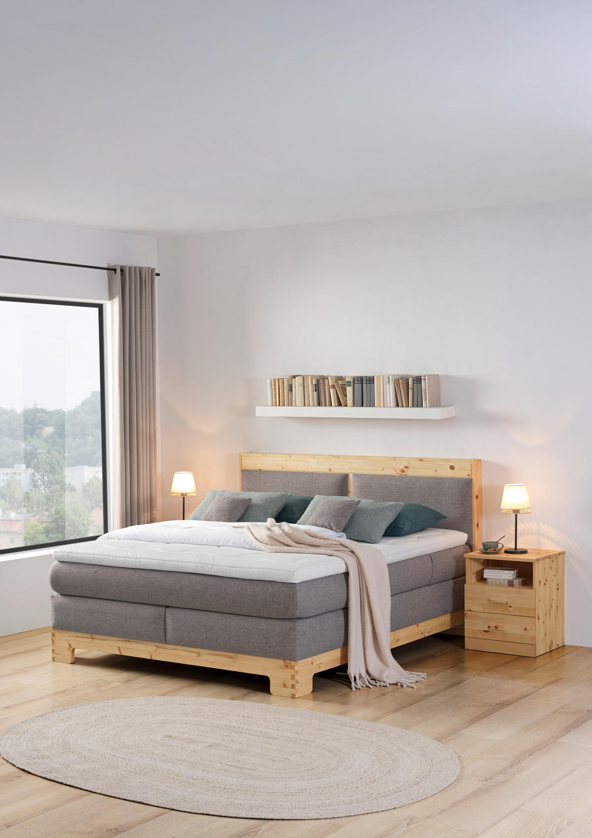 BOXSPRINGBETT 180/200 cm  in Zirbelkieferfarben, Hellgrau  - Zirbelkieferfarben/Hellgrau, Natur, Holz/Textil (180/200cm) - Linea Natura