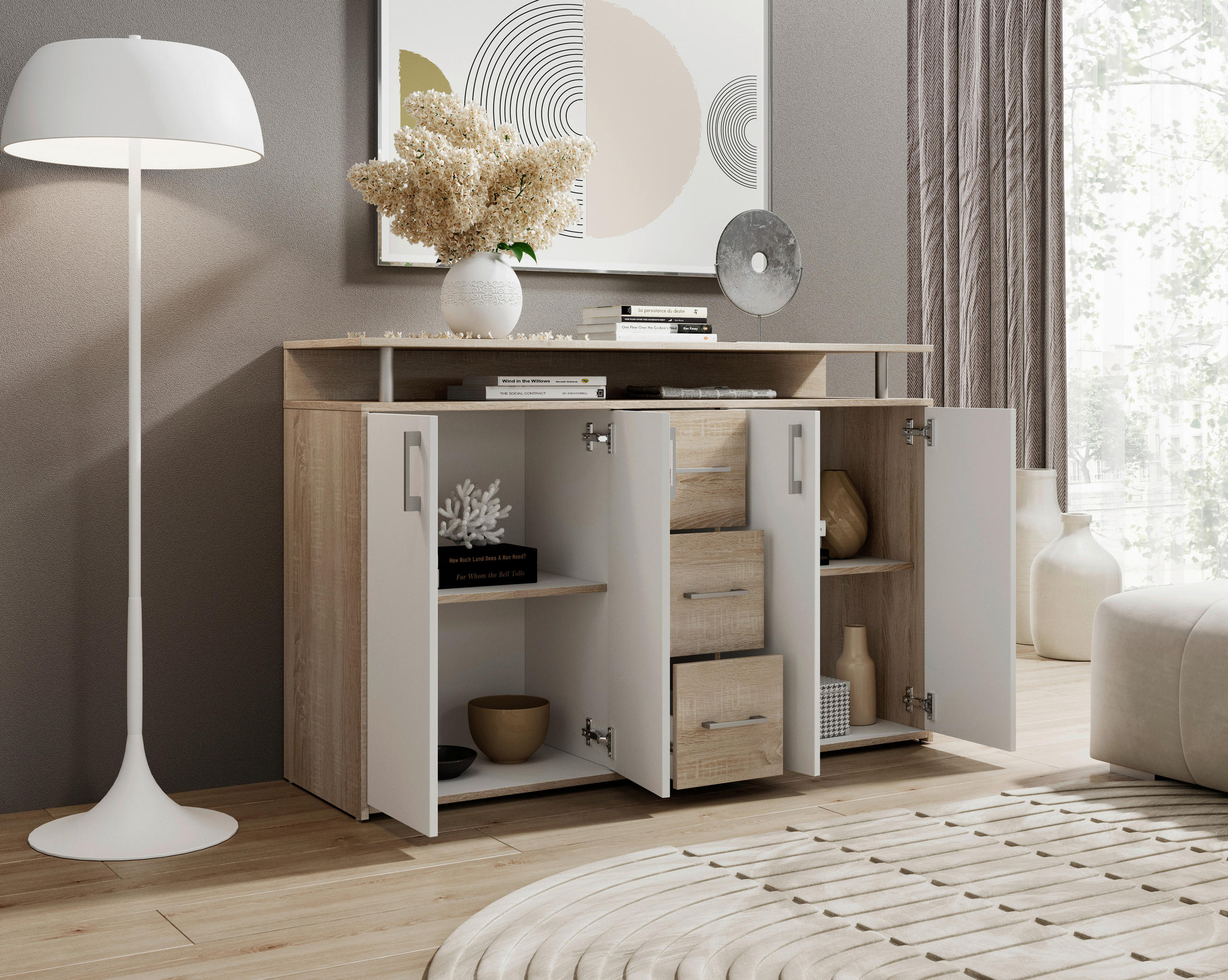 KOMODA S VRATIMA - sonoma hrast/bela, Konvencionalno, pločasti materijal/plastika (139/90/34cm) - Boxxx