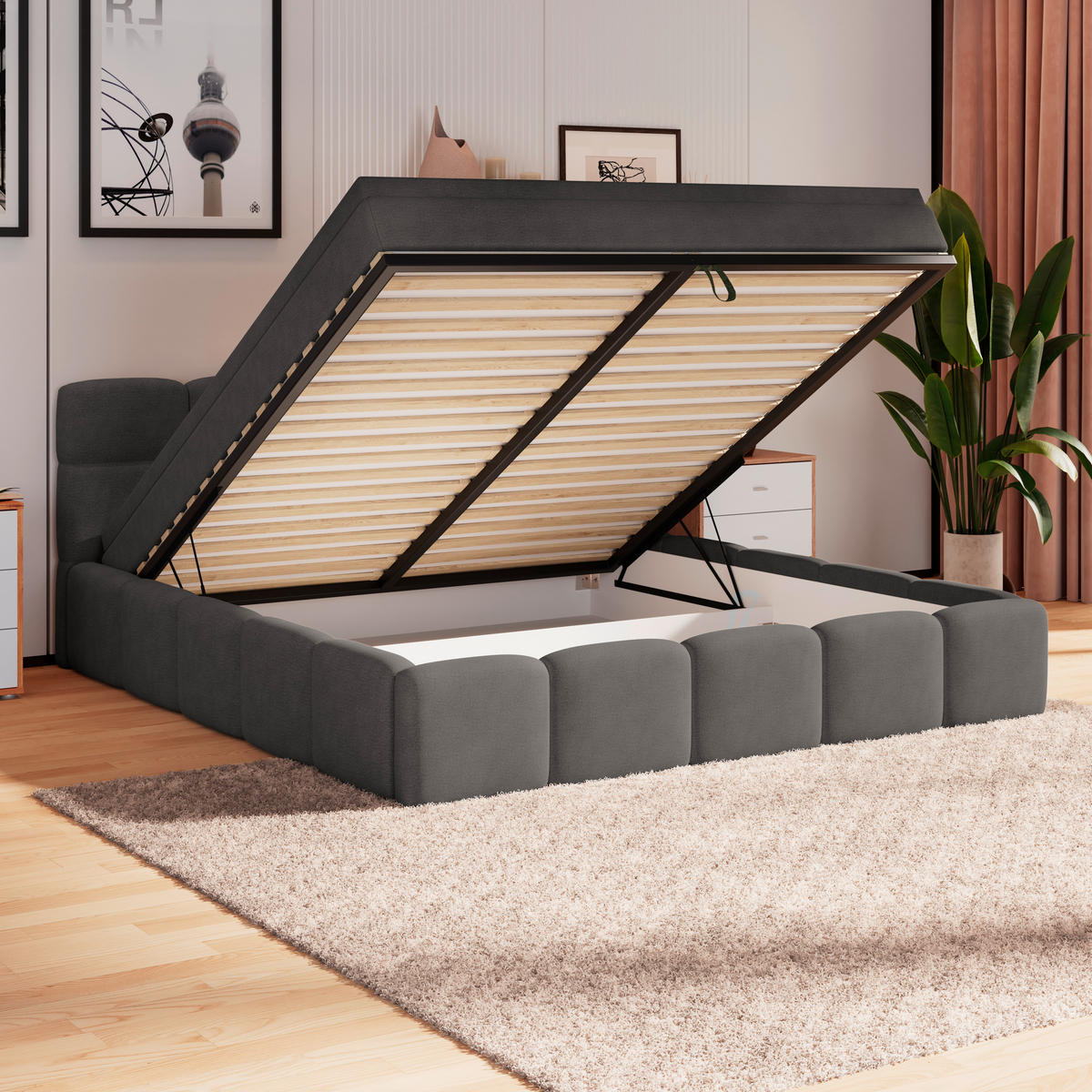 POLSTERBETT 180/200 cm,  in Anthrazit, Matratze, Bettkasten, H3 = fest  - Anthrazit/Schwarz, Trend, Kunststoff/Textil (180/200cm)