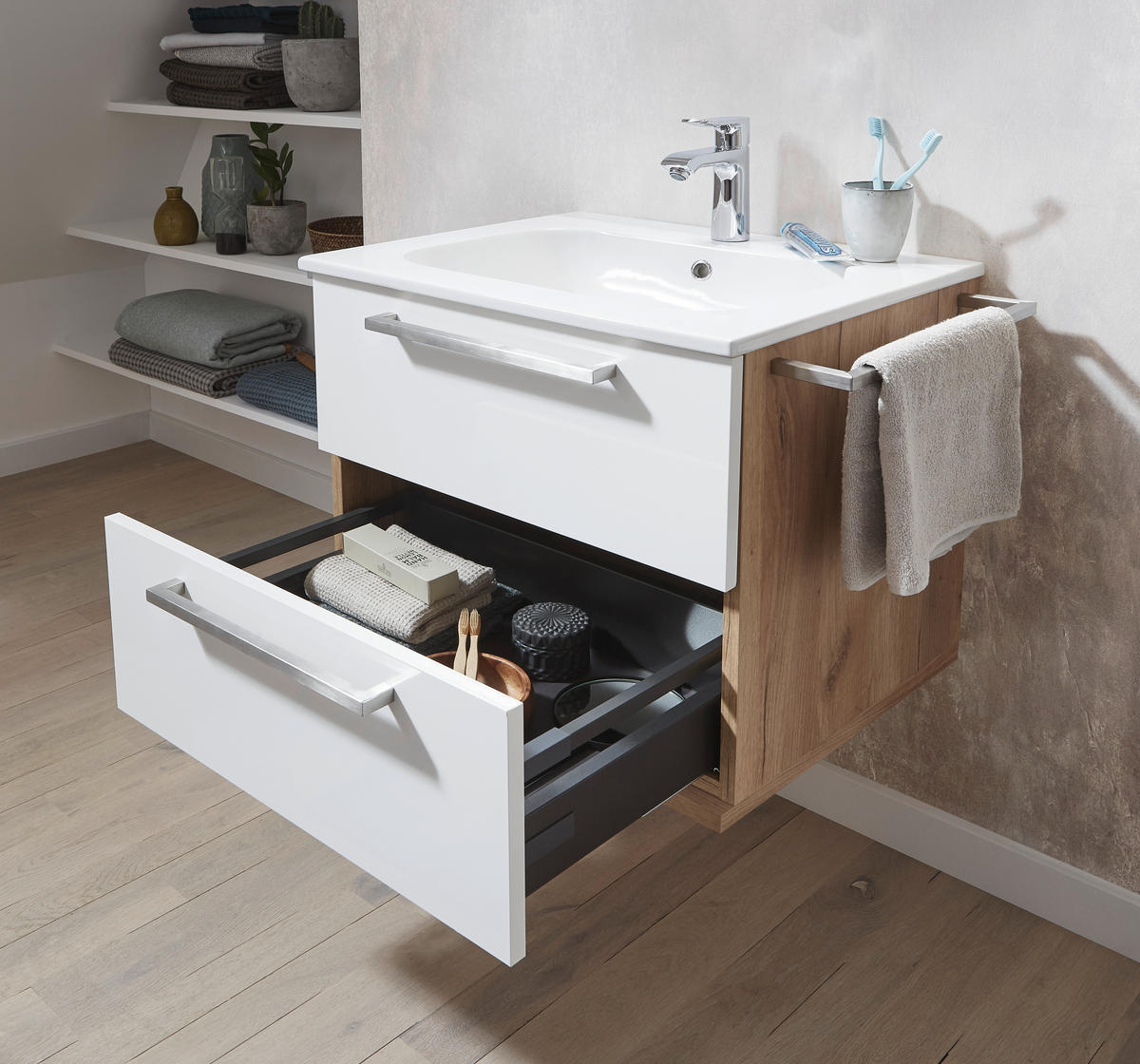BADEZIMMER  in 60 cm  - Weiss/Eichefarben, Design, Glas/Keramik (60cm) - Dieter Knoll