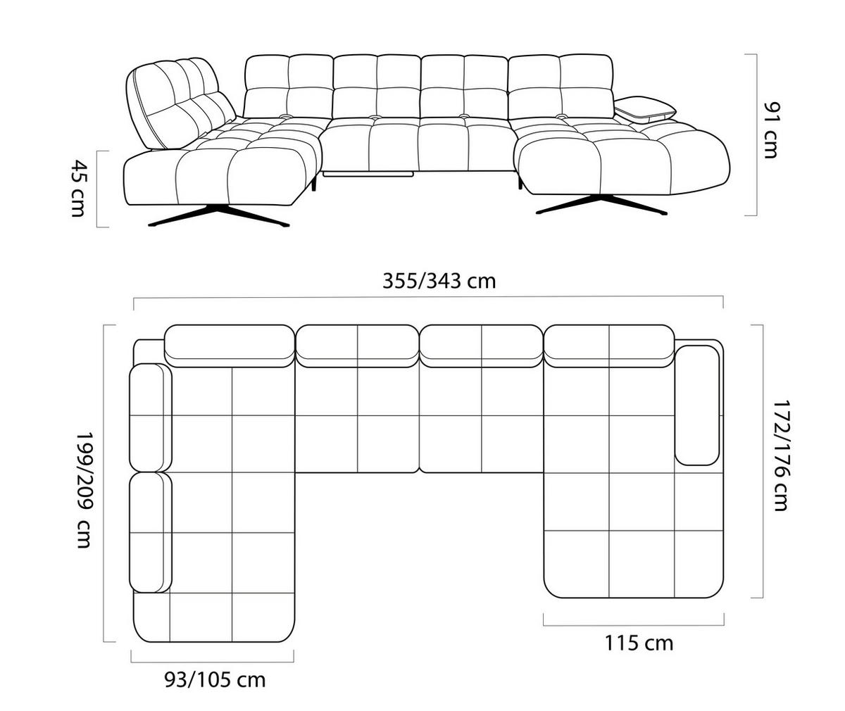 SOFFA i vävt tyg grå  - grå/svart, Design, metall/textil (343/355/91/172/176cm) - Belluti