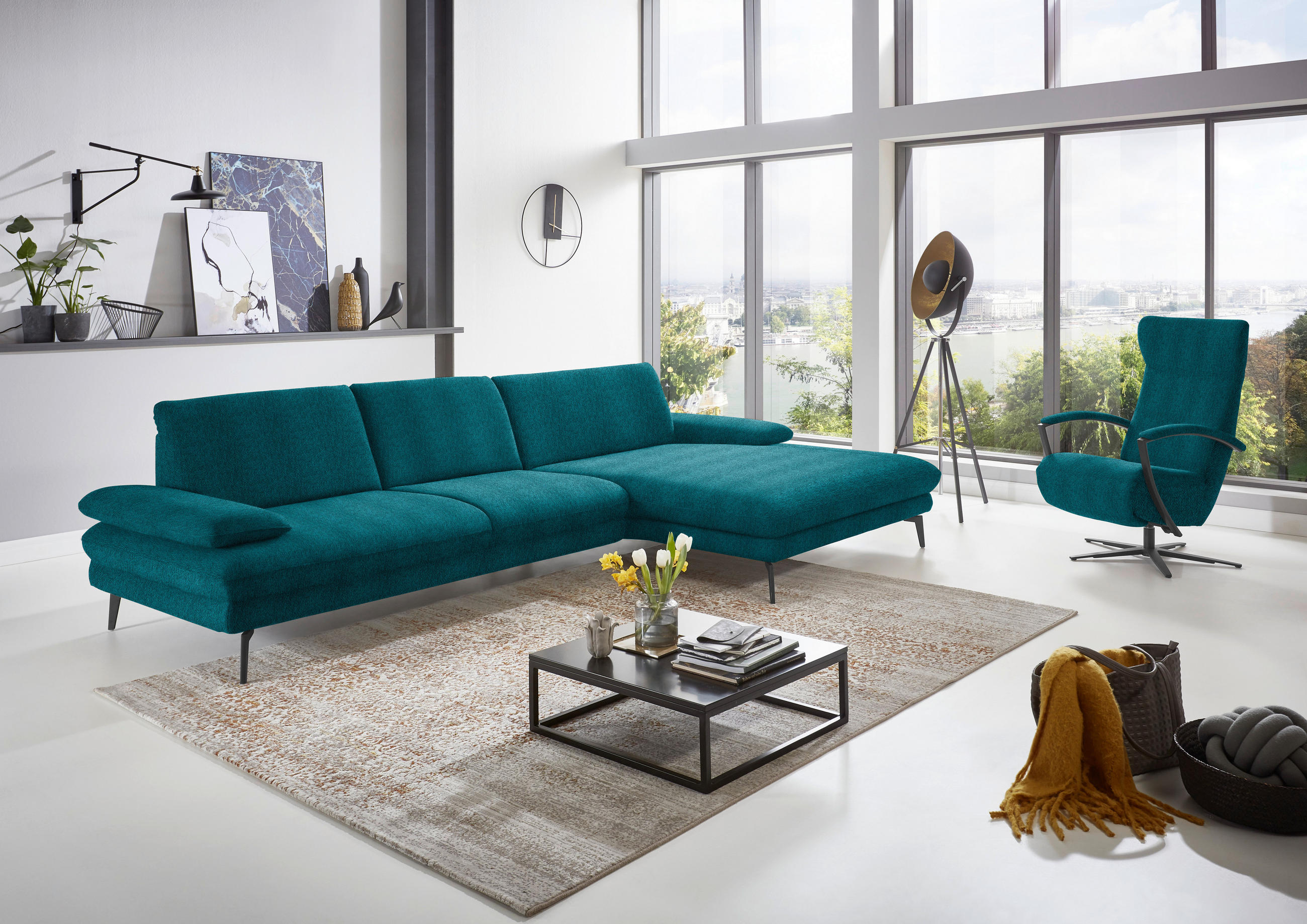 ECKSOFA in Chenille Petrol  - Petrol/Schwarz, Design, Textil/Metall (310/180cm) - Dieter Knoll