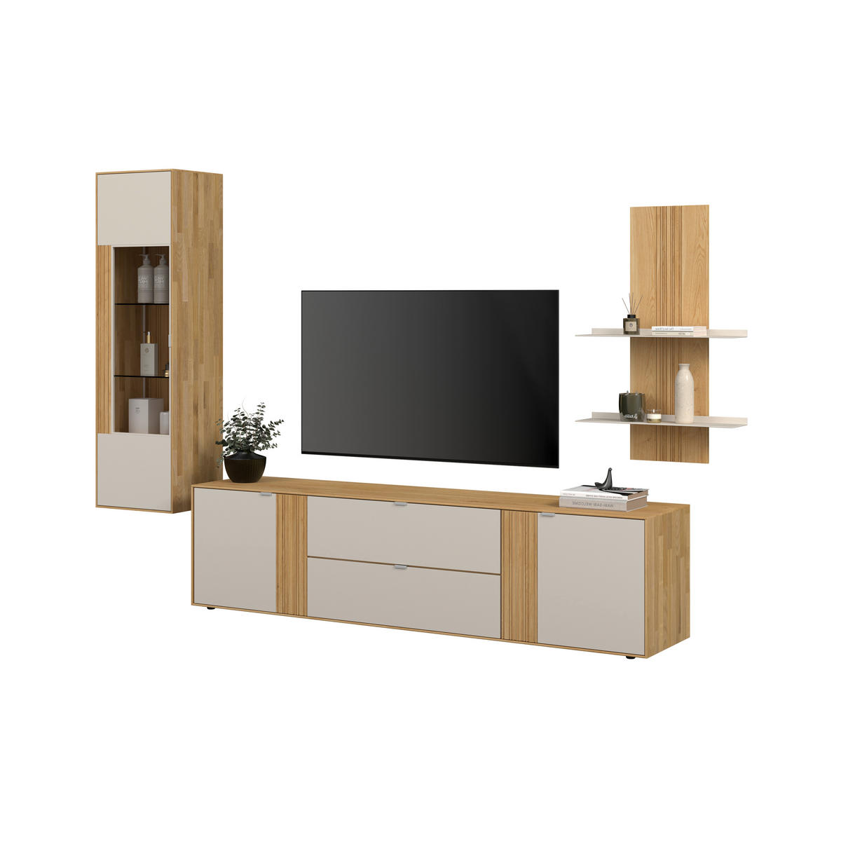 WOHNWAND  Kaschmir, Wildeiche 306,3/203,5/45,2 cm    - Kaschmir/Wildeiche, Design, Glas/Holz (306,3/203,5/45,2cm) - Dieter Knoll