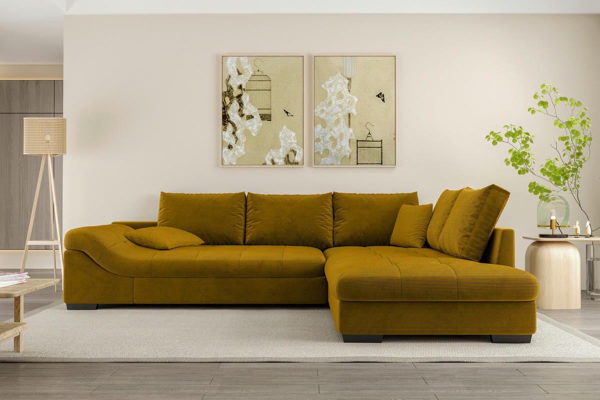 ECKSOFA in Cord Currygelb  - Currygelb/Schwarz, Konventionell, Holz/Textil (298/202cm) - MID.YOU