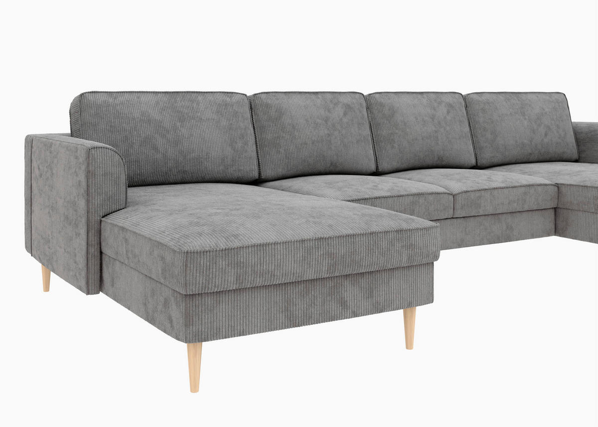 WOHNLANDSCHAFT Grau Cord  - Buchefarben/Grau, MODERN, Holz/Textil (161/306/161cm) - Trendmanufaktur