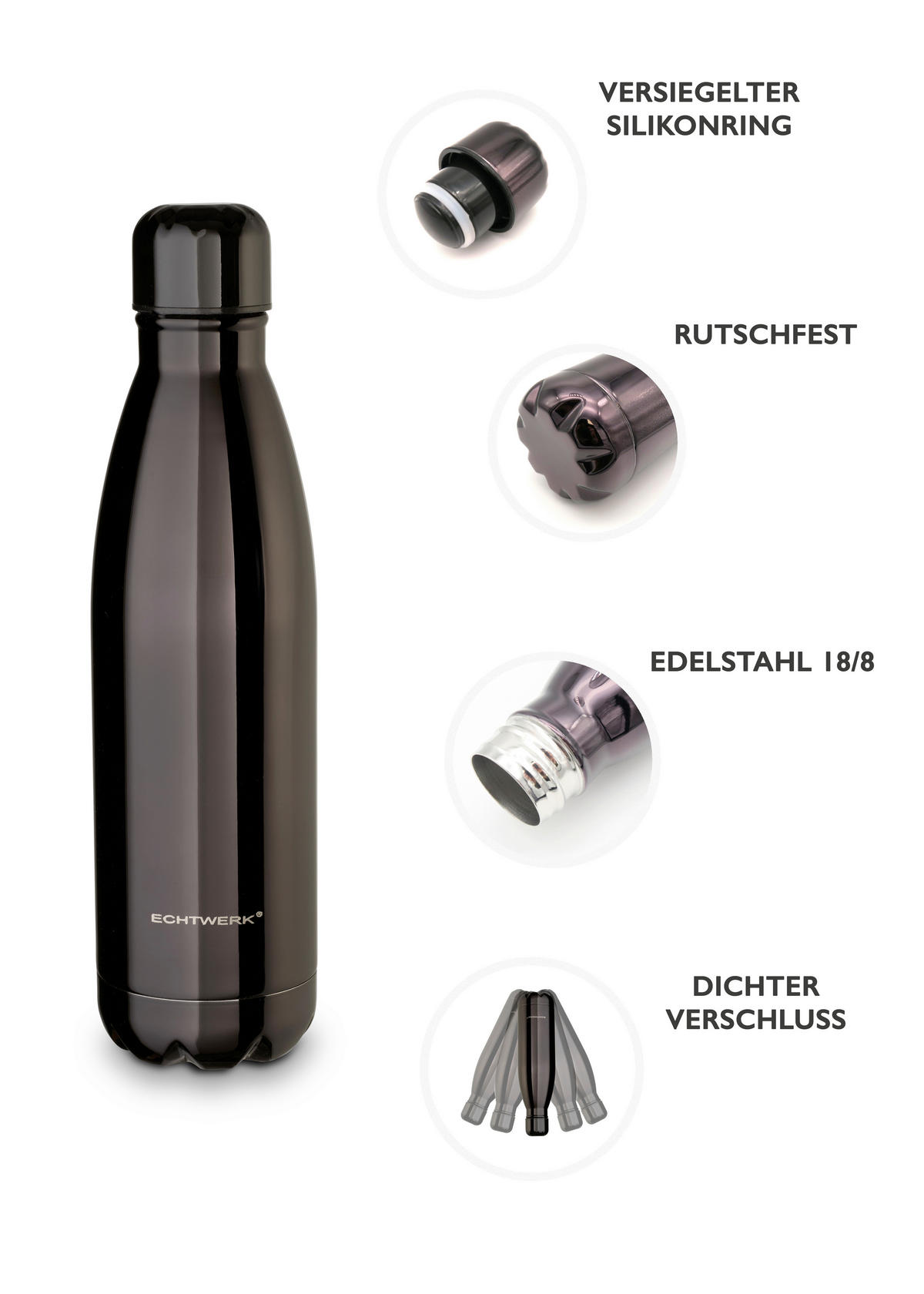 TERMOSFLASKA 0,5 l  - svart högglans, Basics, metall (26,7/7,3/26,7cm) - Echtwerk