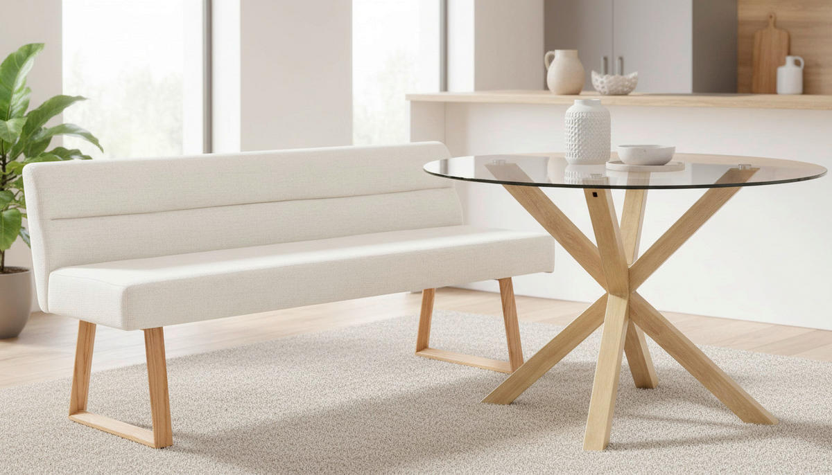 SITZBANK 180/82/61 cm Leinenoptik Eichefarben, Beige Eiche massiv  - Eichefarben/Beige, MODERN, Holz/Textil (180/82/61cm) - Livetastic