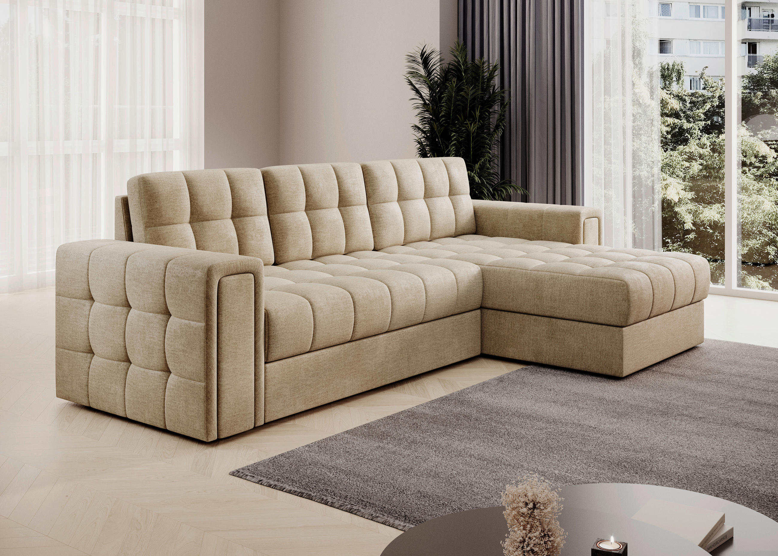 ECKSOFA Samt Hellbraun  - Hellbraun/Schwarz, Design, Kunststoff/Textil (260/150cm) - MID.YOU