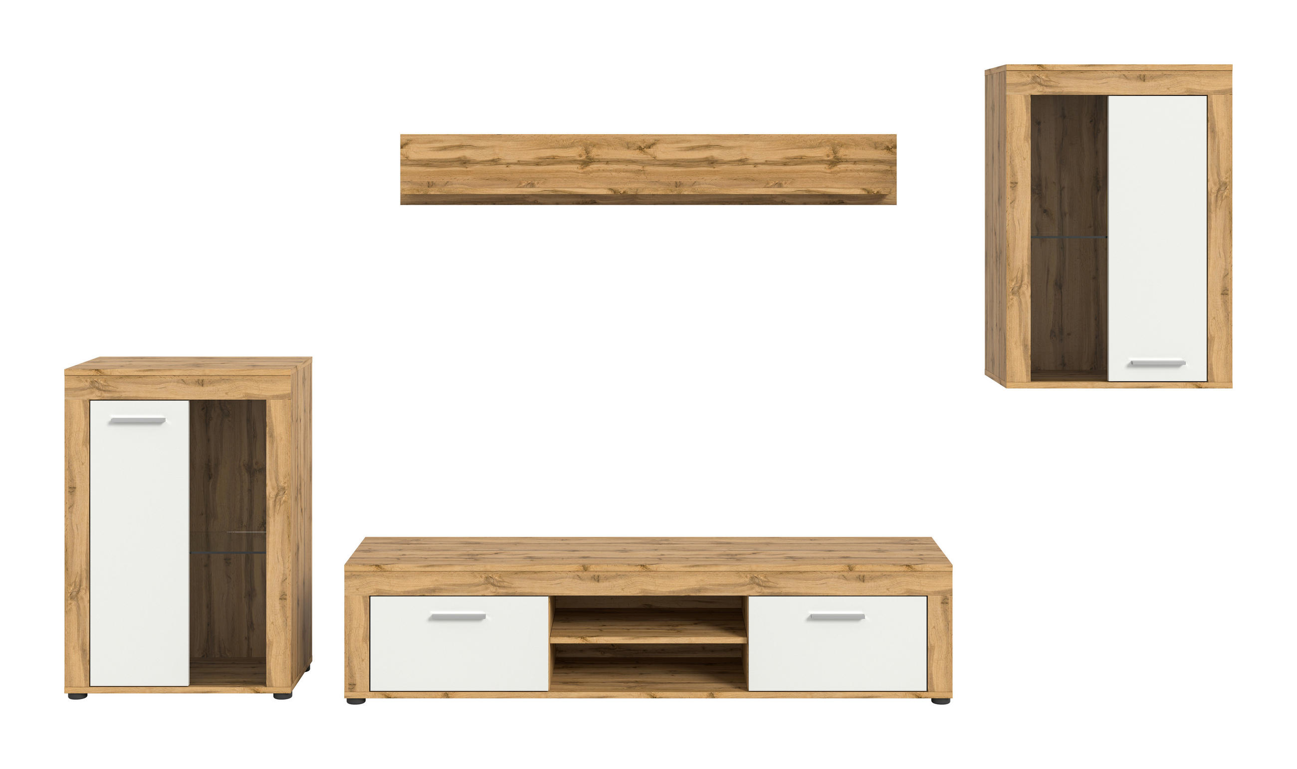 WOHNWAND 4-teilig  in Eiche Wotan  310/169/35 cm  - Silberfarben/Eiche Wotan, Design, Glas/Holzwerkstoff (310/169/35cm) - MID.YOU