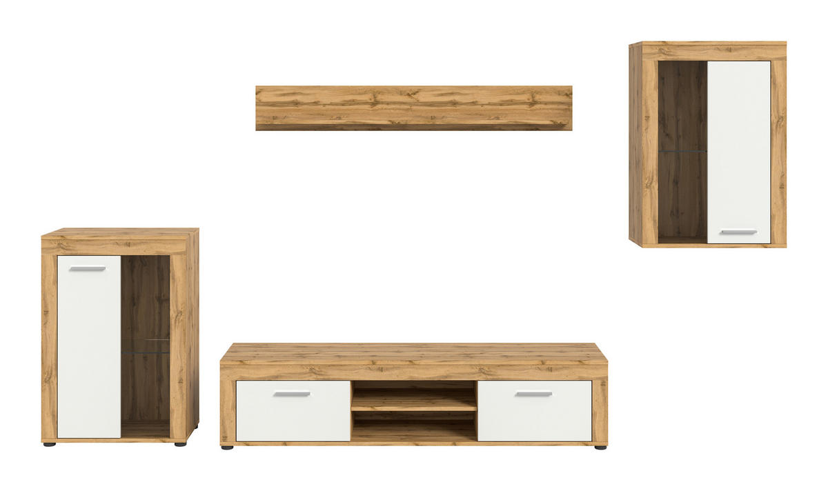 WOHNWAND 4-teilig  in Eiche Wotan  310/169/35 cm  - Silberfarben/Eiche Wotan, Design, Glas/Holzwerkstoff (310/169/35cm) - MID.YOU