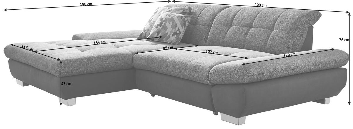 ECKSOFA in Mikrofaser Hellgrau  198/290 cm  - Hellgrau/Schwarz, Design, Textil/Metall (198/290cm) - Xora