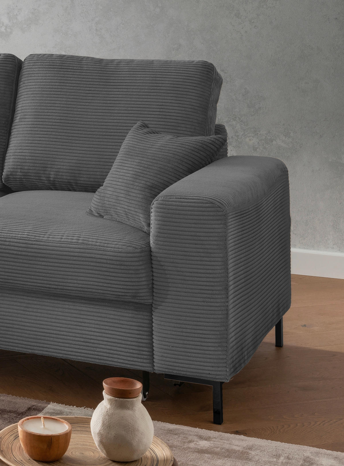 ECKSCHLAFSOFA  mit Rücken echt Cord Grau  - Schwarz/Grau, KONVENTIONELL, Textil/Metall (143/237cm) - Livetastic