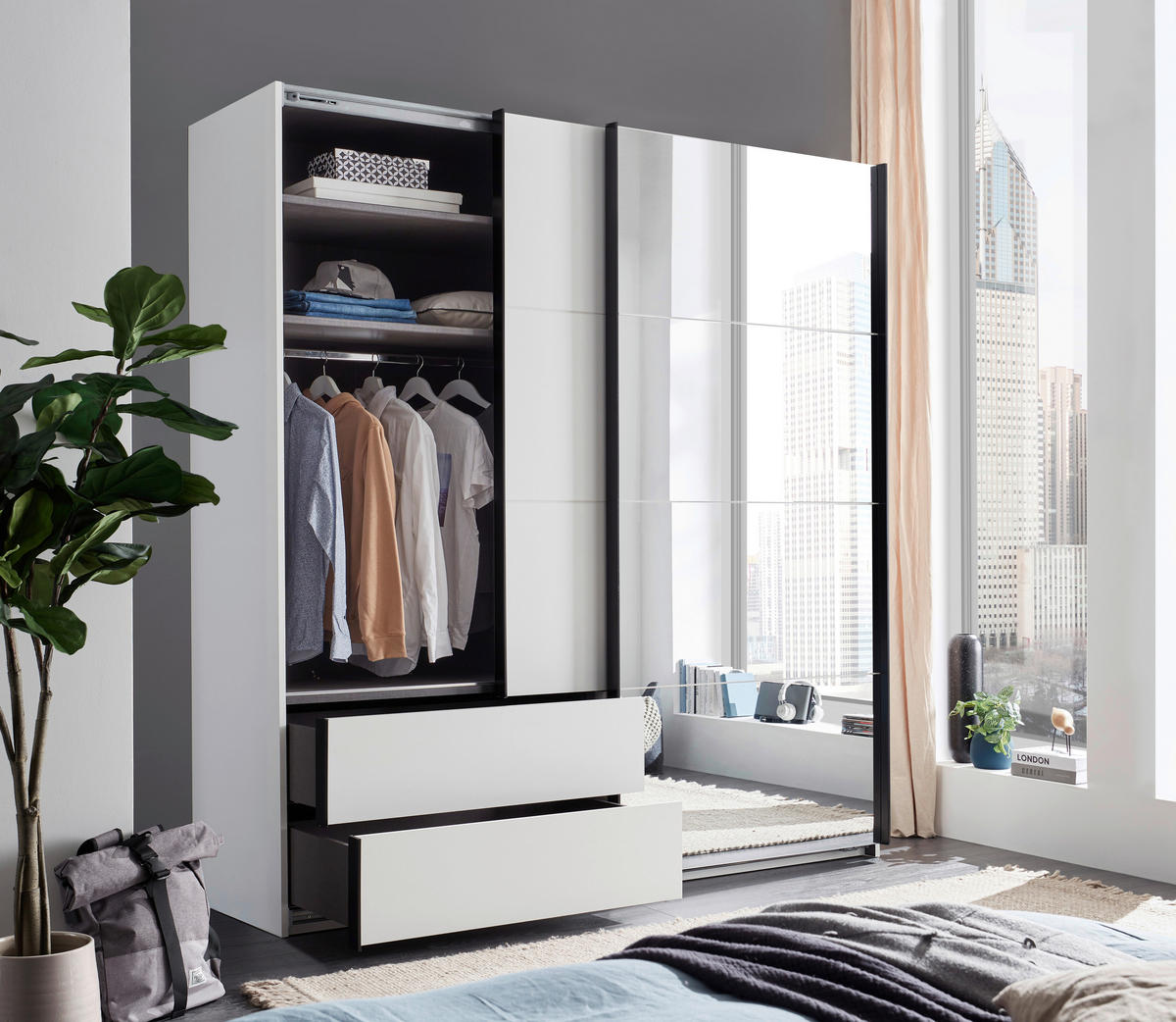 SCHWEBETÜRENSCHRANK 215/225,5/60,5 cm 2-türig Weiß, Schwarz  - Schwarz/Weiß, MODERN, Glas/Holzwerkstoff (215/225,5/60,5cm) - Xora