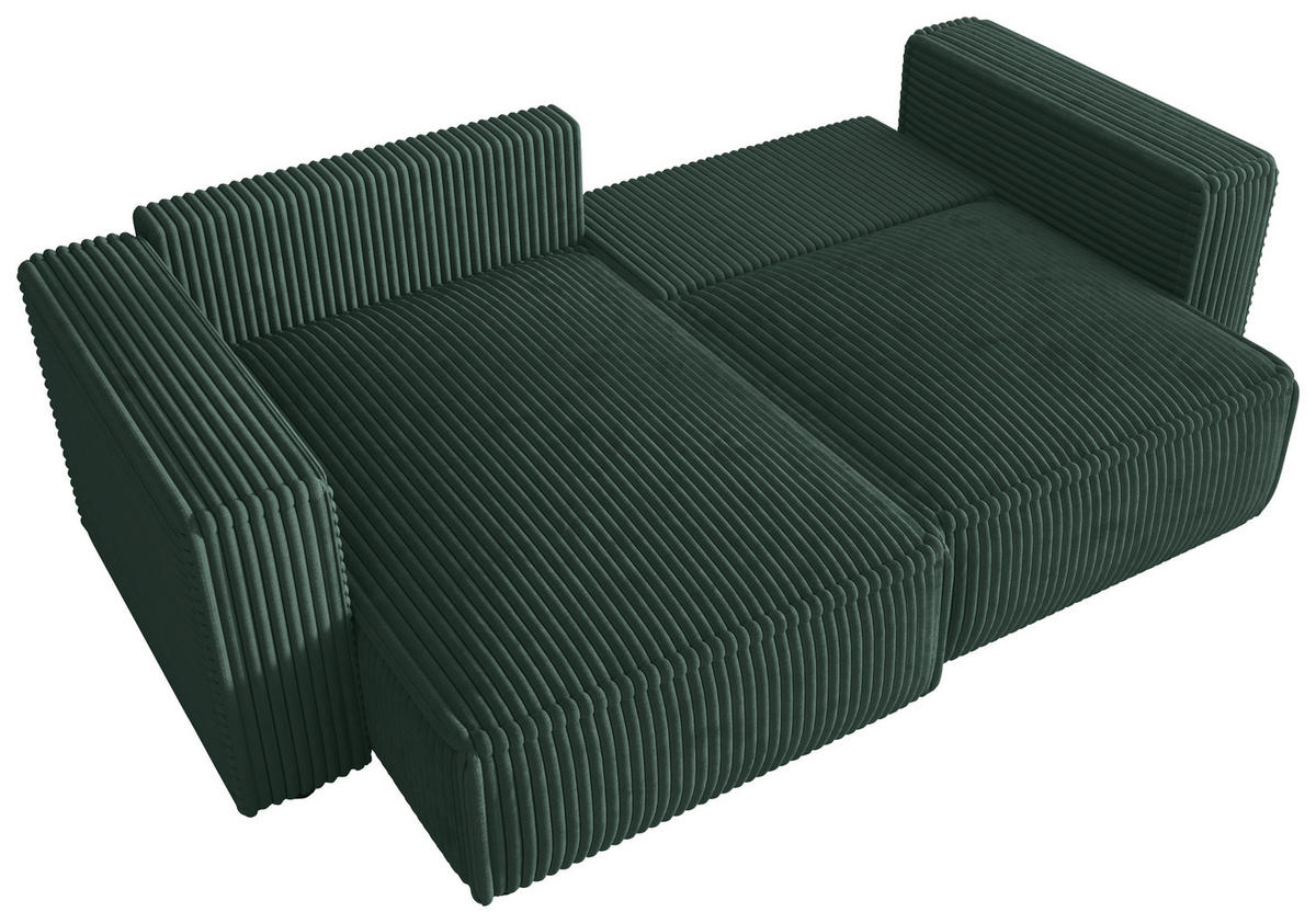 ECKSOFA Dunkelgrün Cord Zierkissen, Rückenkissen, Schlaffunktion, Rücken echt  - Dunkelgrün/Schwarz, MODERN, Kunststoff/Textil (153/250cm) - Xora