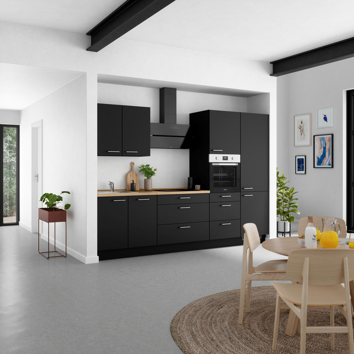 KÜCHENBLOCK 300 cm   in Schwarz, Eichefarben  - Edelstahlfarben/Eichefarben, MODERN, Holzwerkstoff/Metall (300cm) - Nobilia