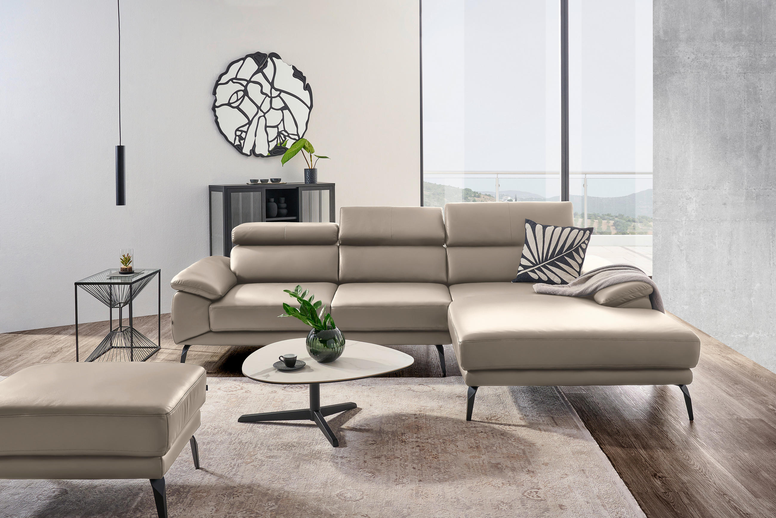 ECKSOFA in Echtleder Creme  - Creme/Schwarz, Design, Leder/Metall (295/187cm) - Novel