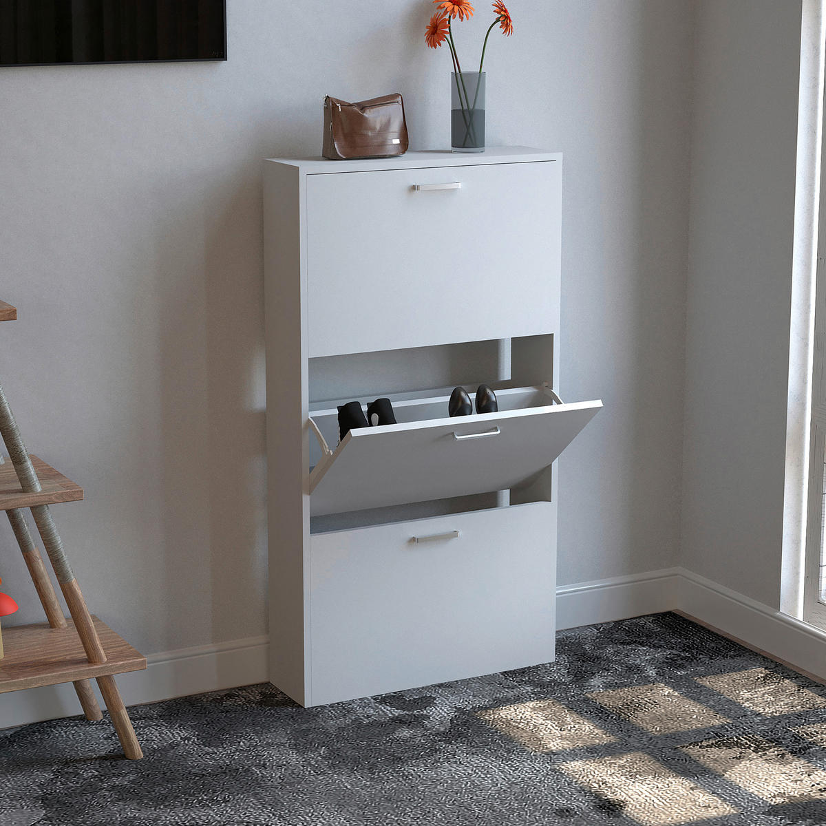 SCHUHSCHRANK Weiß  - Silberfarben/Weiß, Design, Holzwerkstoff/Kunststoff (50/108/17cm) - MID.YOU