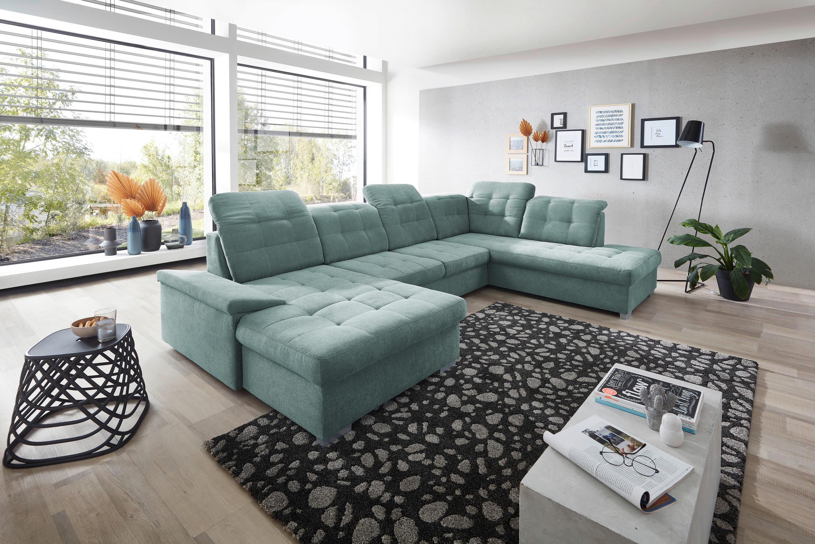 WOHNLANDSCHAFT Mintgrün Mikrofaser  - Chromfarben/Mintgrün, Design, Kunststoff/Textil (169/330/212cm) - Livetastic
