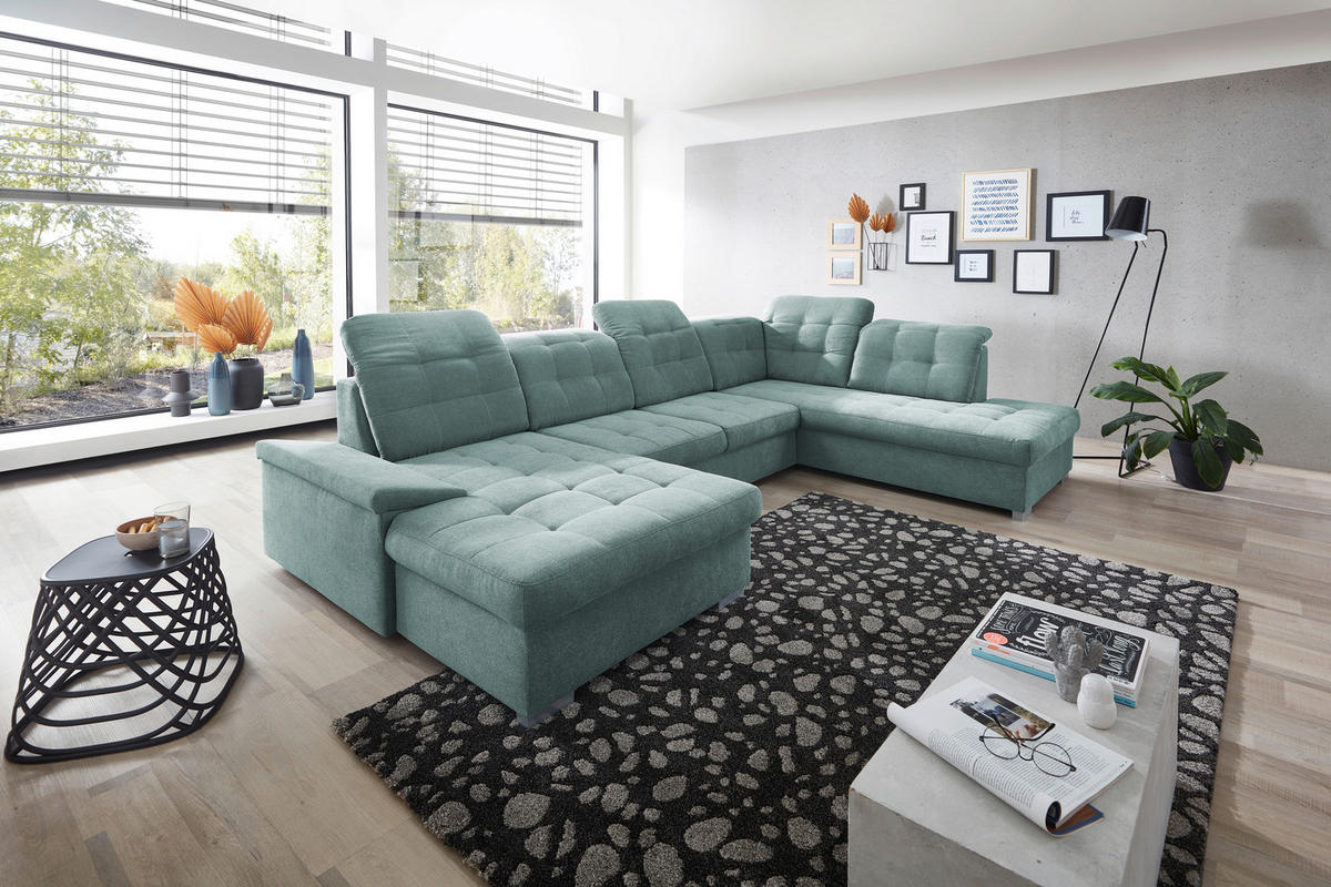 WOHNLANDSCHAFT Mintgrün Mikrofaser  - Chromfarben/Mintgrün, Design, Kunststoff/Textil (169/330/212cm) - Livetastic