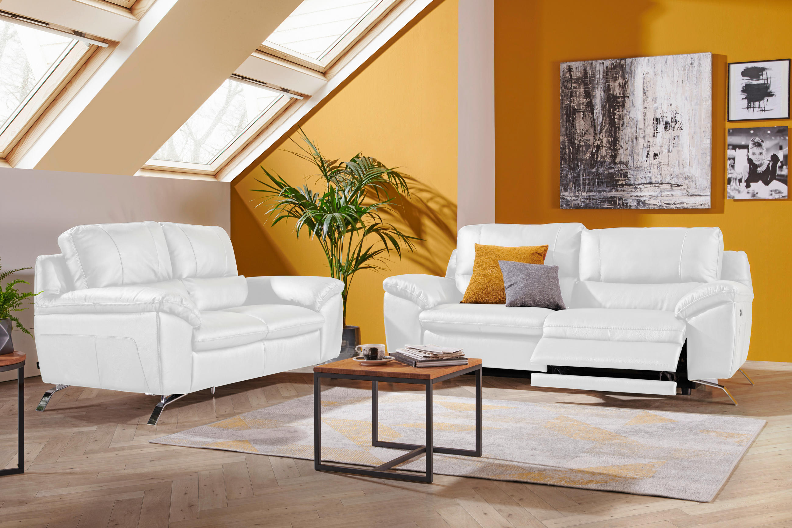 2-SITZER-SOFA in Kombination Echtleder/Lederlook Weiss - Weiss/Silberfarben, Design, Leder/Metall (174/97/95cm) - Livetastic