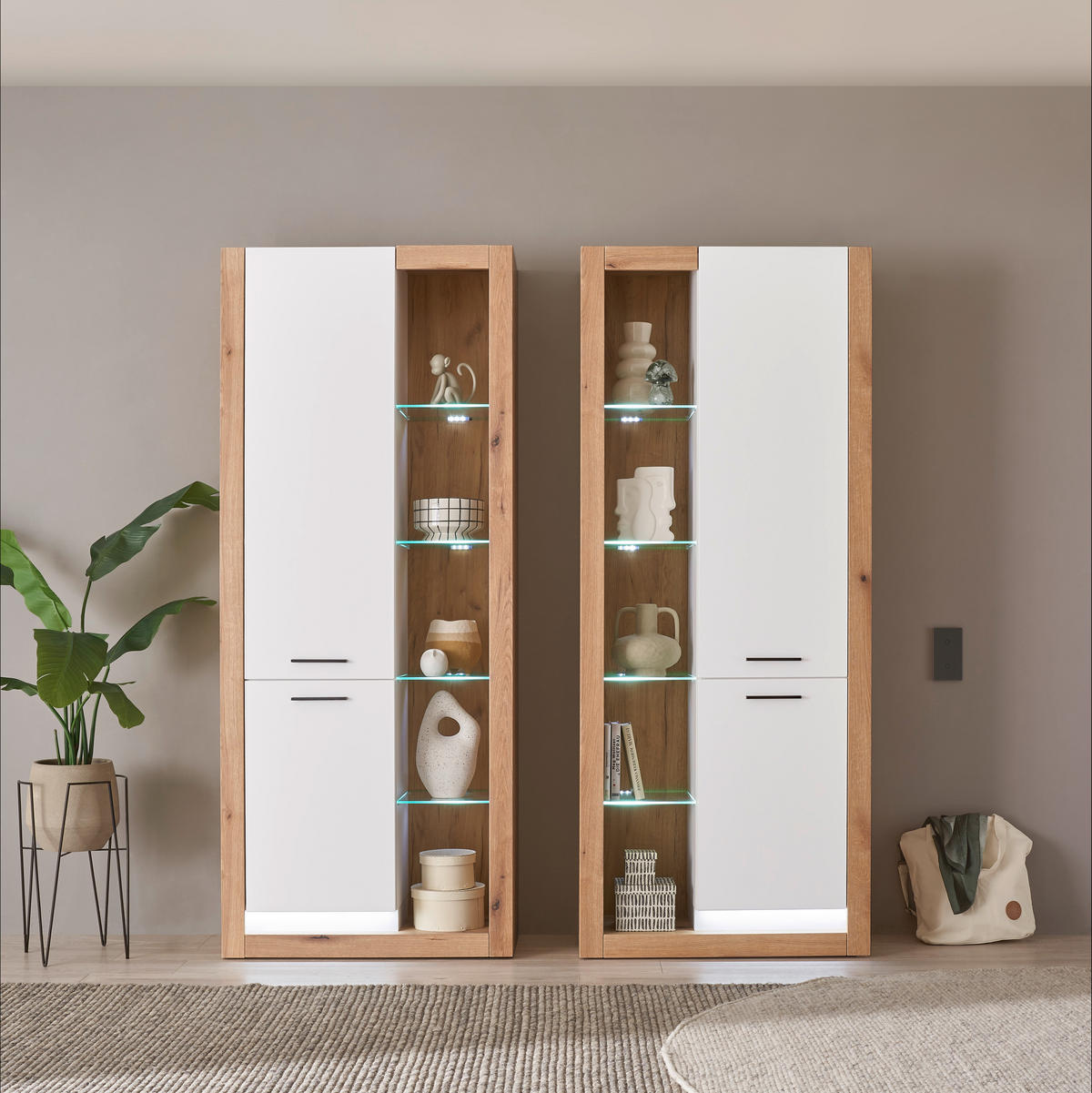 WOHNWAND 2-teilig  in Weiß, Eichefarben  180/195/37 cm  - Eichefarben/Schwarz, Design, Glas/Holzwerkstoff (180/195/37cm) - MID.YOU