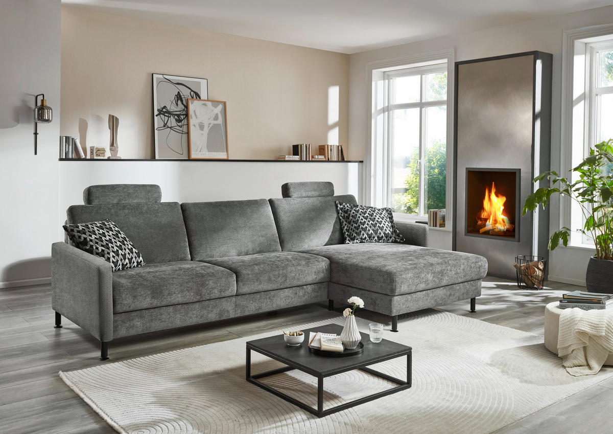 ECKSOFA in Chenille, Flachgewebe Dunkelgrau  - Dunkelgrau/Schwarz, Design, Textil/Metall (316/175cm) - Dieter Knoll
