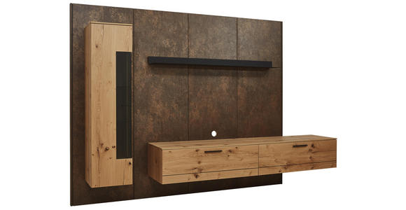 WOHNWAND in Anthrazit, Eichefarben, Rostfarben - Eichefarben/Rostfarben, Design, Glas/Holz (307/213,2/47,2-55,2cm) - Dieter Knoll