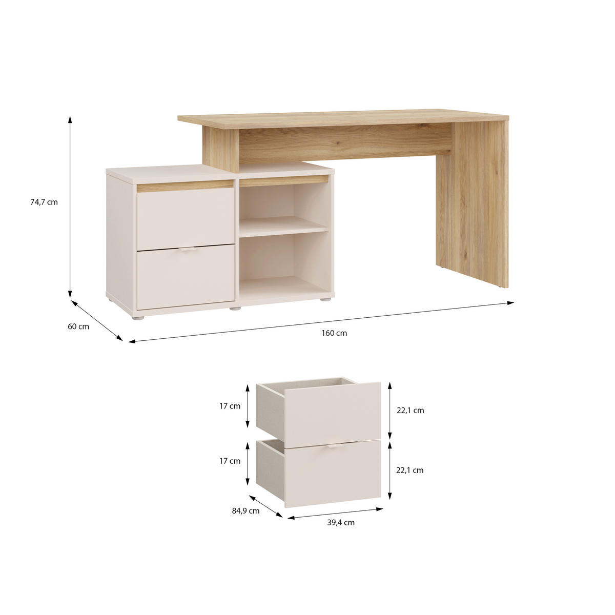 Masă De Scris, metal, plastic, material pe bază de lemn - culoare lemn stejar/nisipiu, Basics, plastic/metal (163,2/74,9/60cm) - Xora