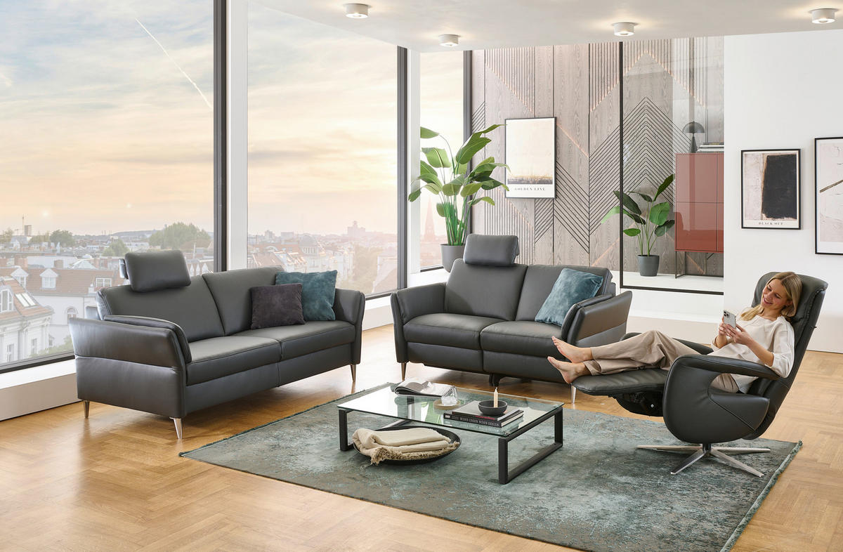 3-SITZER-SOFA Echtleder Anthrazit  - Anthrazit/Alufarben, Konventionell, Leder/Metall (190/84/99cm) - Dieter Knoll