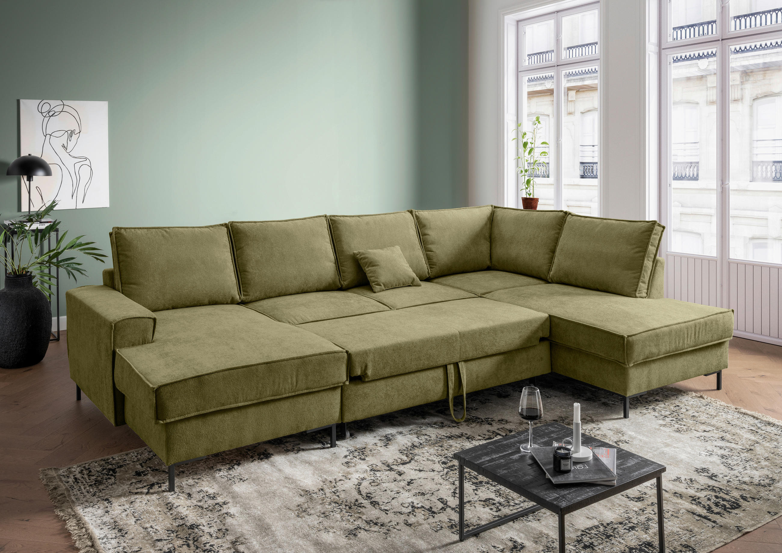 WOHNLANDSCHAFT Grün Mikrofaser  - Schwarz/Grün, MODERN, Textil/Metall (150/309/198cm) - MID.YOU