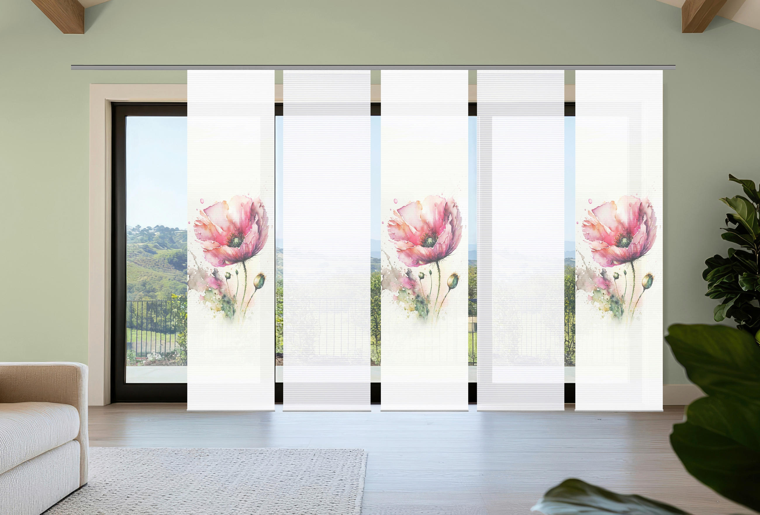 FLÄCHENVORHANG  5 Stück  blickdicht  60/245 cm   - Salbeigrün/Rosa, Natur, Textil (60/245cm)