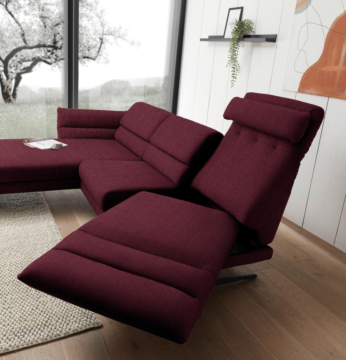 ECKSOFA in Flachgewebe Weinrot  - Weinrot/Schwarz, Design, Textil/Metall (176-217/279-327cm) - Dieter Knoll