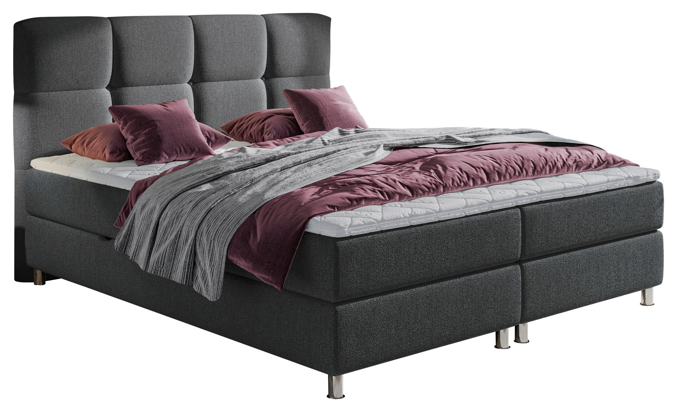 BOXBETT 180/200 cm,  in Anthrazit, Matratze, gepolstertes Kopfteil, Bettkasten, Topper, H3 = fest  - Chromfarben/Anthrazit, Design, Textil/Metall (180/200cm) - Ti'me