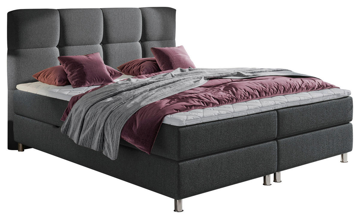 BOXBETT 140/200 cm,  in Anthrazit, Matratze, gepolstertes Kopfteil, Bettkasten, Topper, H3 = fest  - Chromfarben/Anthrazit, Design, Textil/Metall (140/200cm) - Ti'me
