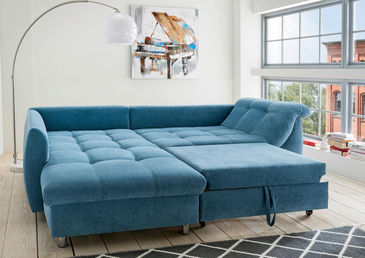 ECKSCHLAFSOFA Mikrofaser Blau  - Chromfarben/Blau, MODERN, Textil/Metall (190/250cm) - Livetastic