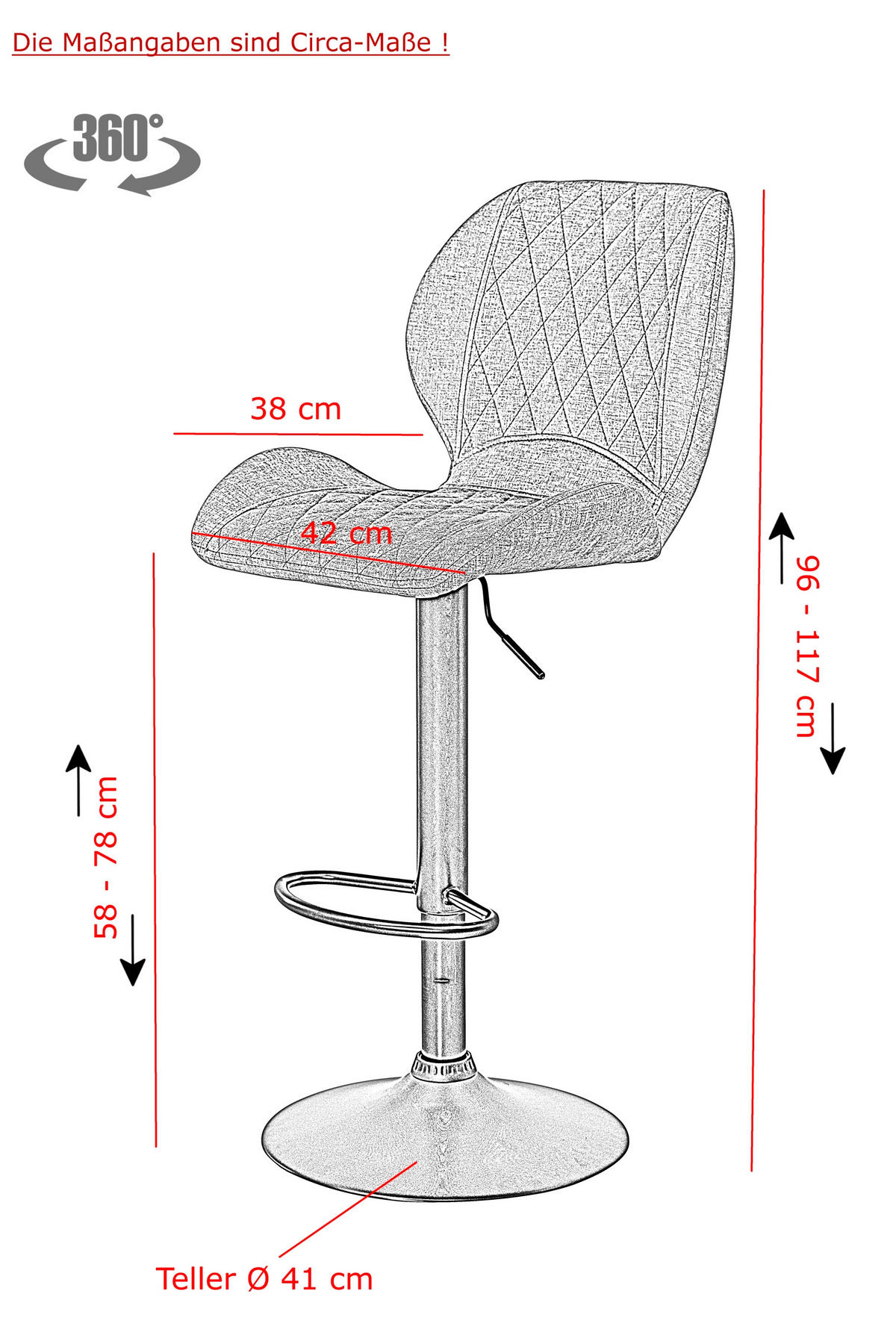 BARHOCKER Samt, Velours Grau Stahl Typenauswahl, Sitzfläche 360° drehbar, abwischbar  - Schwarz/Grau, MODERN, Textil/Metall (42/96-117/51cm) - MID.YOU