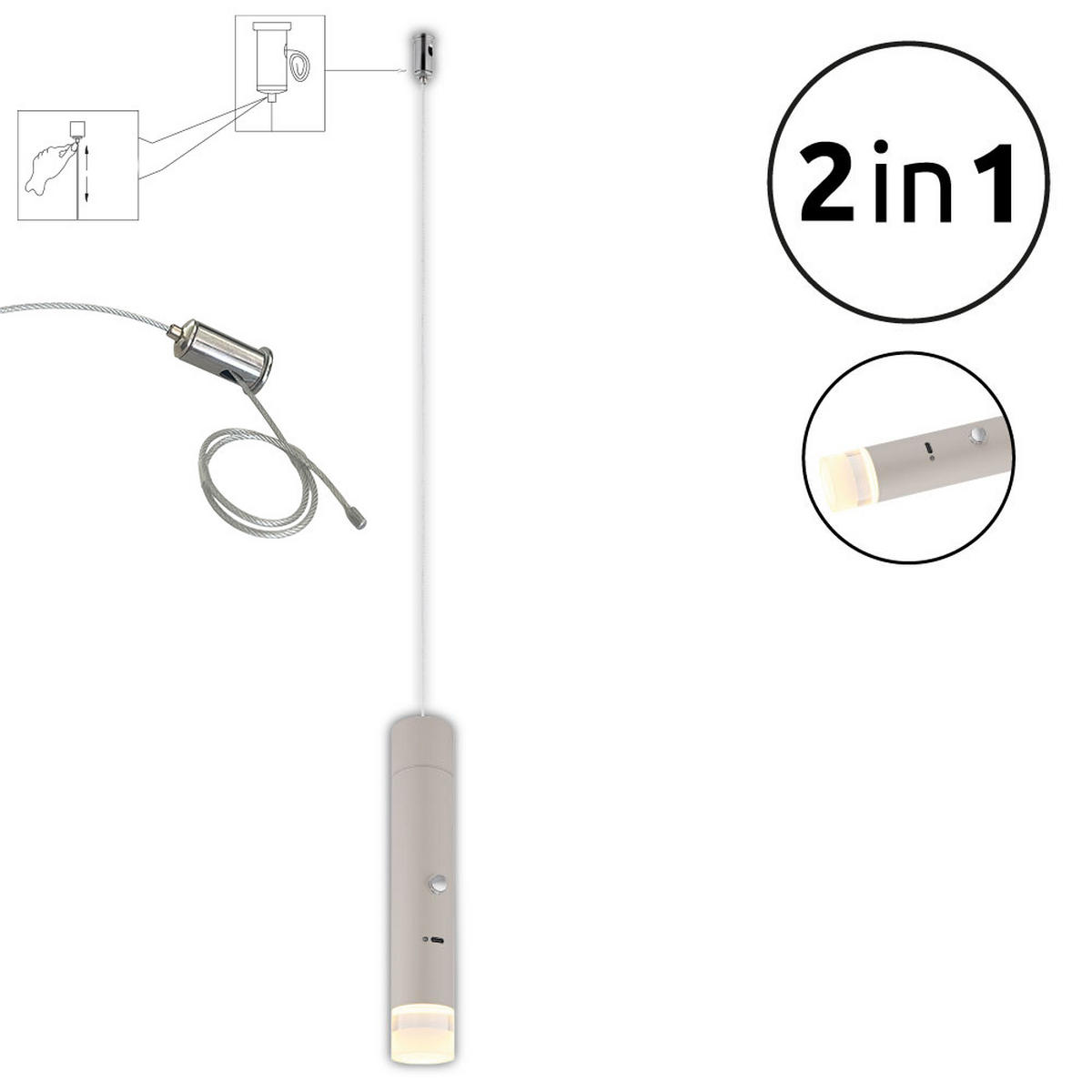 AKKU-LED-HÄNGELEUCHTE Nowa 3,8/120 cm   - Sandfarben/Klar, Basics, Kunststoff/Metall (3,8/120cm) - Novel