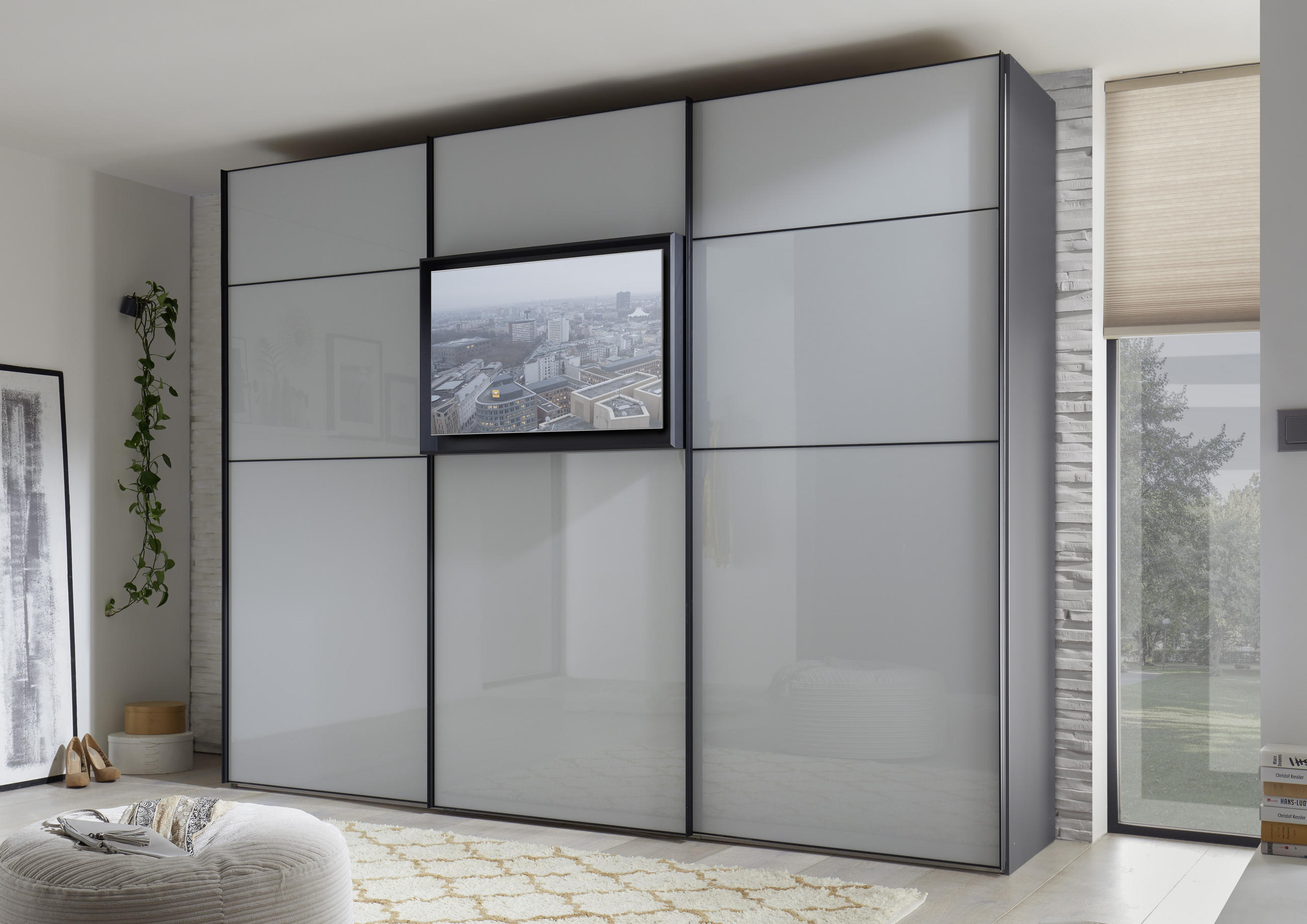SCHWEBETÜRENSCHRANK in Grau  - Schwarz/Grau, Design, Glas/Holzwerkstoff (298/240/68cm) - Moderano