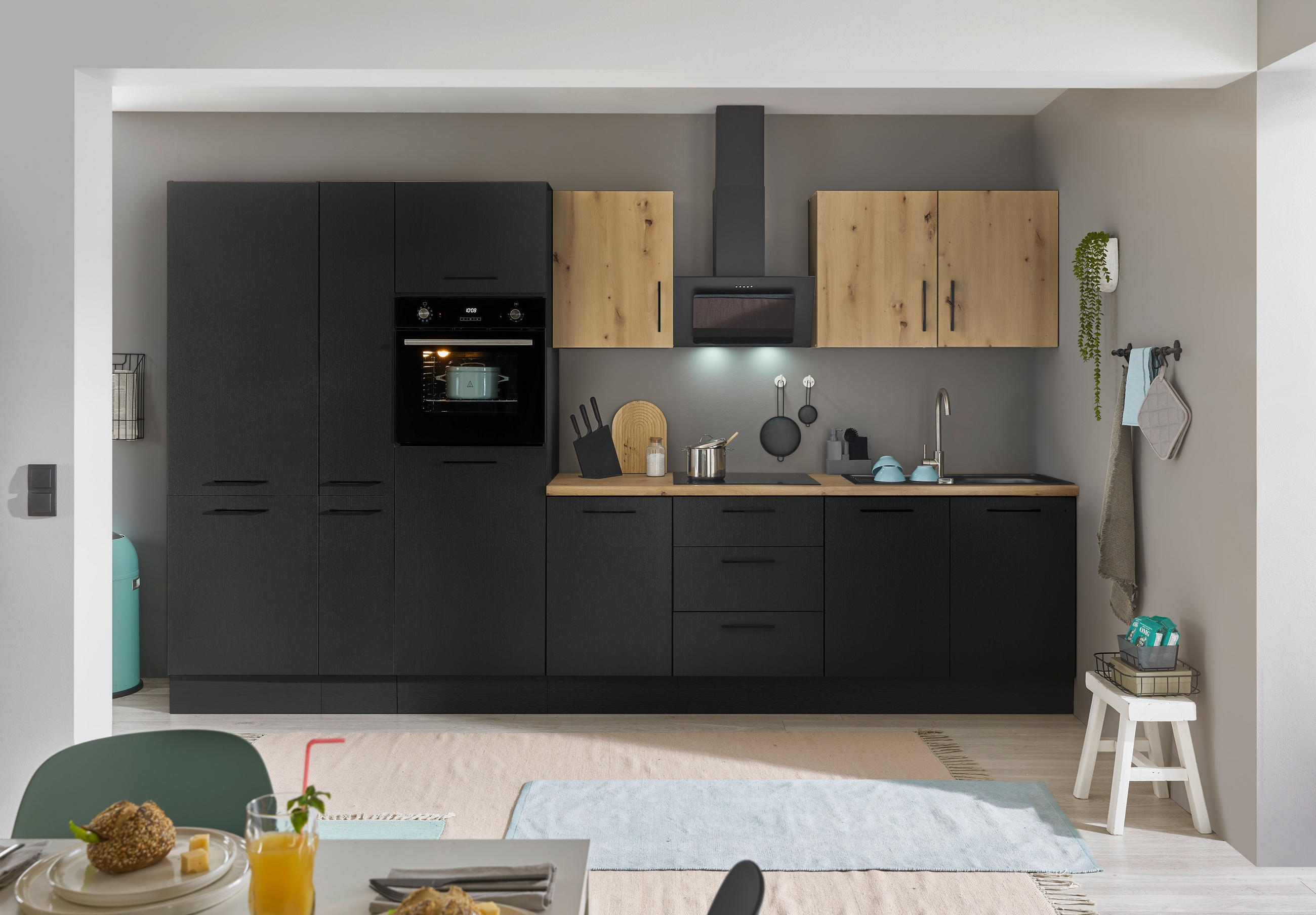 P & B Küchenblock Schwarz, Eiche Artisan 360 cm