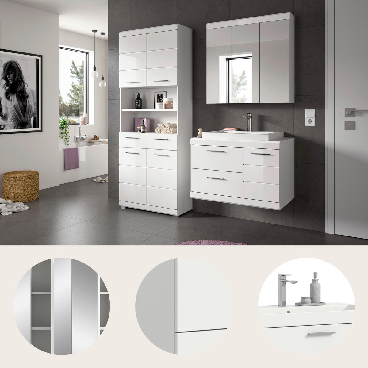 BADEZIMMER 4-teilig  in 169 cm  - Weiß Hochglanz/Silberfarben, Trend, Glas/Holzwerkstoff (169cm) - MID.YOU