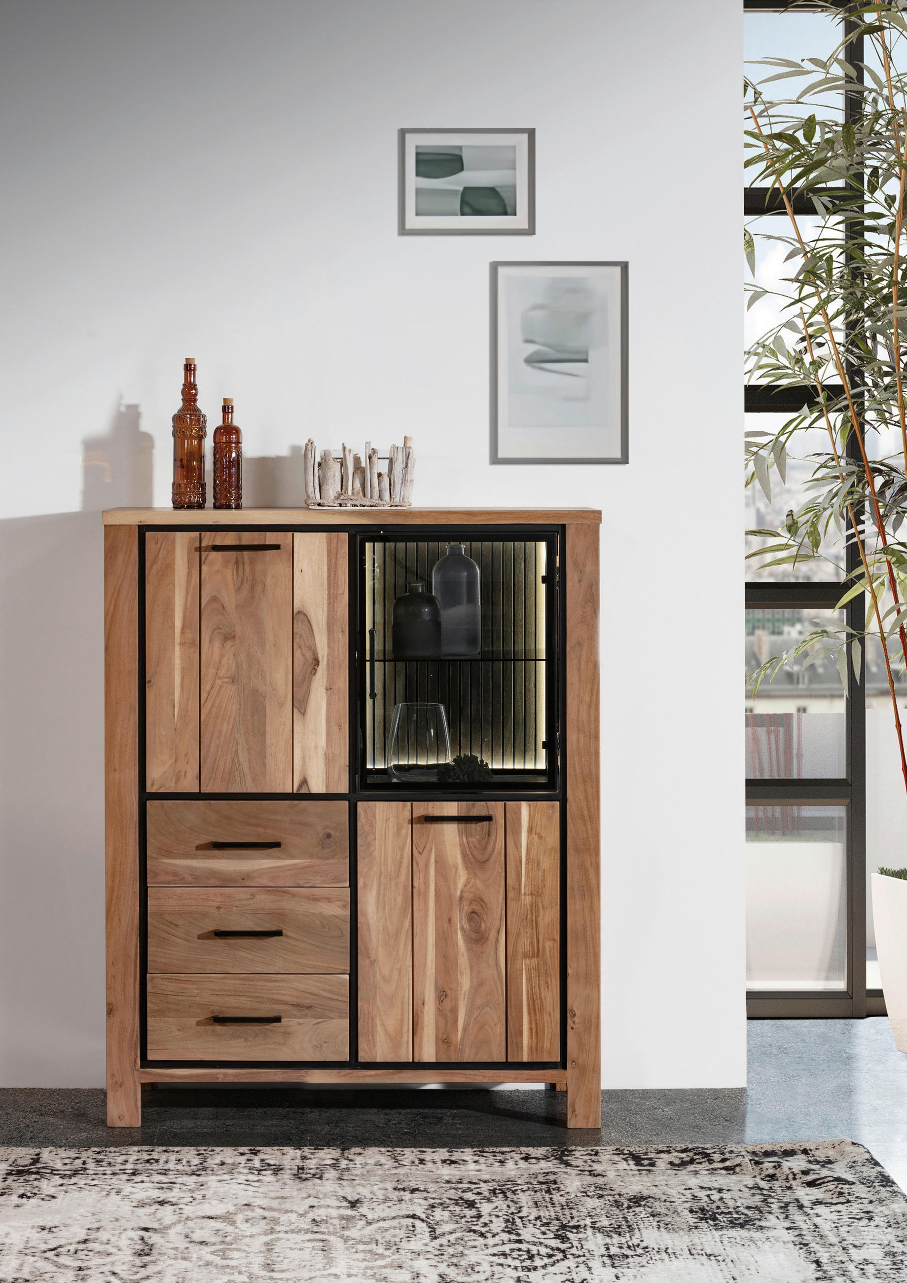 HIGHBOARD  in 110/136/44 cm  - Schwarz/Naturfarben, LIFESTYLE, Glas/Holz (110/136/44cm) - Landscape