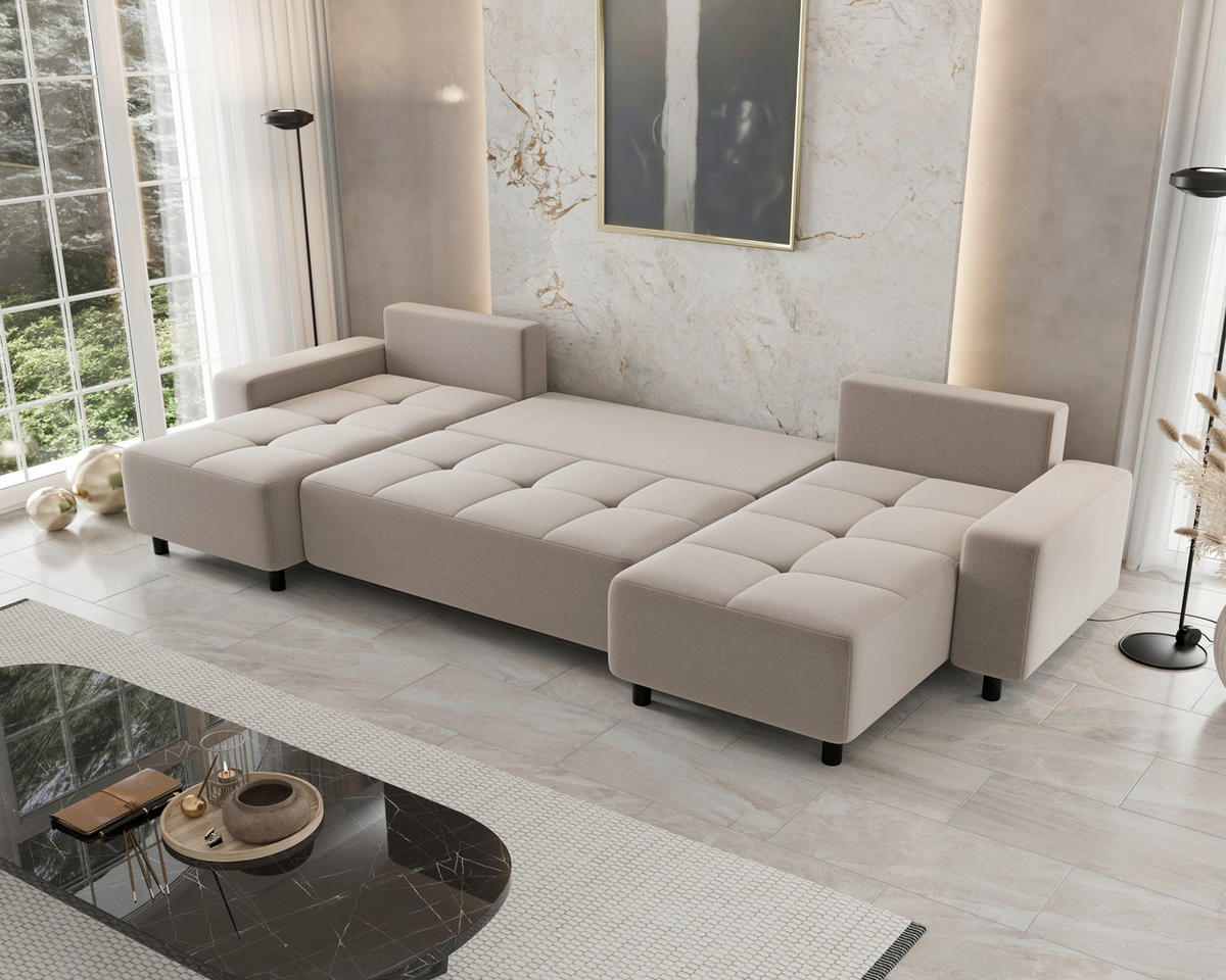 WOHNLANDSCHAFT Beige Jacquard  - Beige/Schwarz, MODERN, Kunststoff/Textil (144/318/144cm) - Carryhome