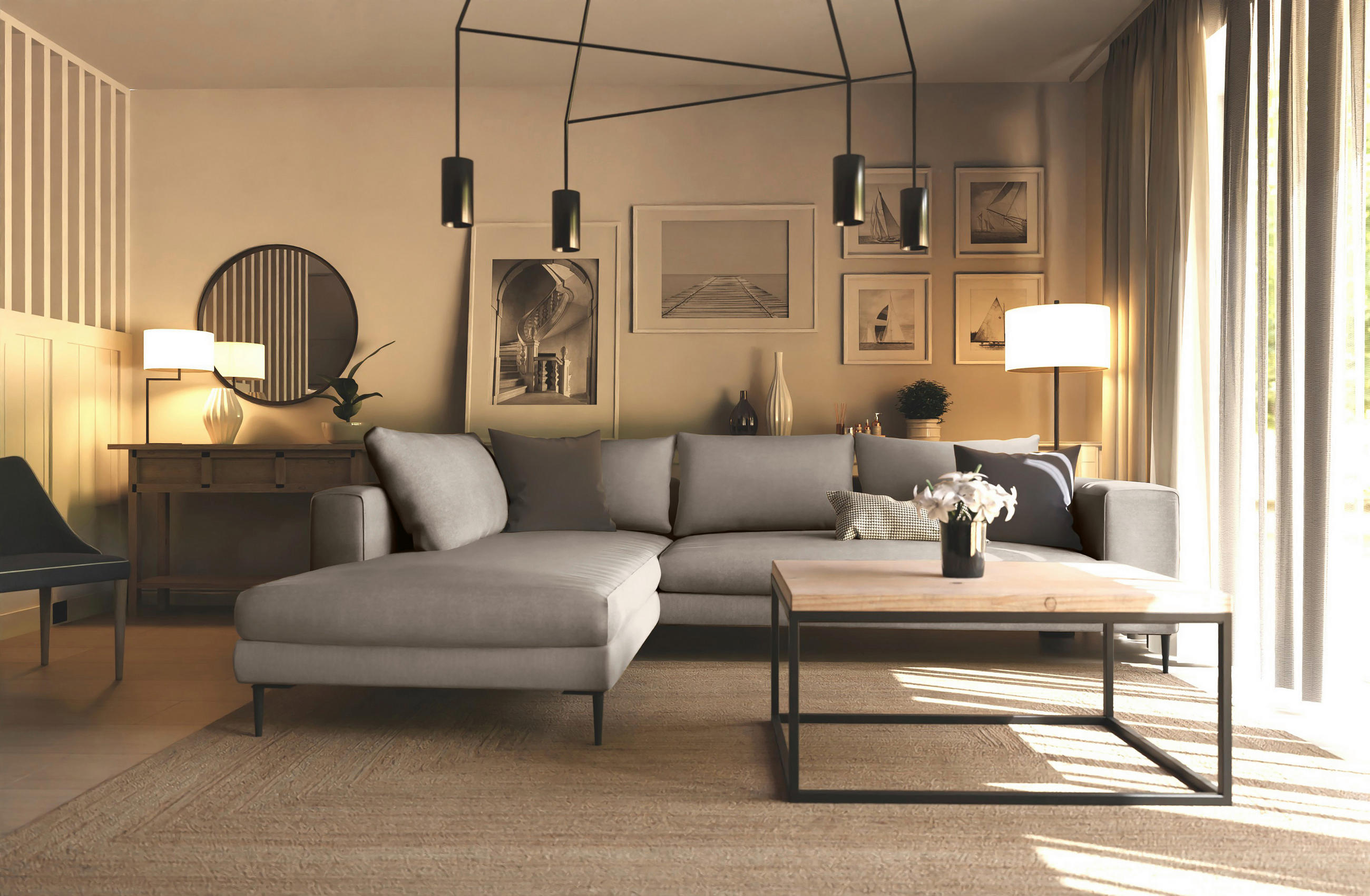 ECKSOFA AURORA Taupe Struktur  - Taupe/Schwarz, MODERN, Textil/Metall (210/295cm) - Trendmanufaktur