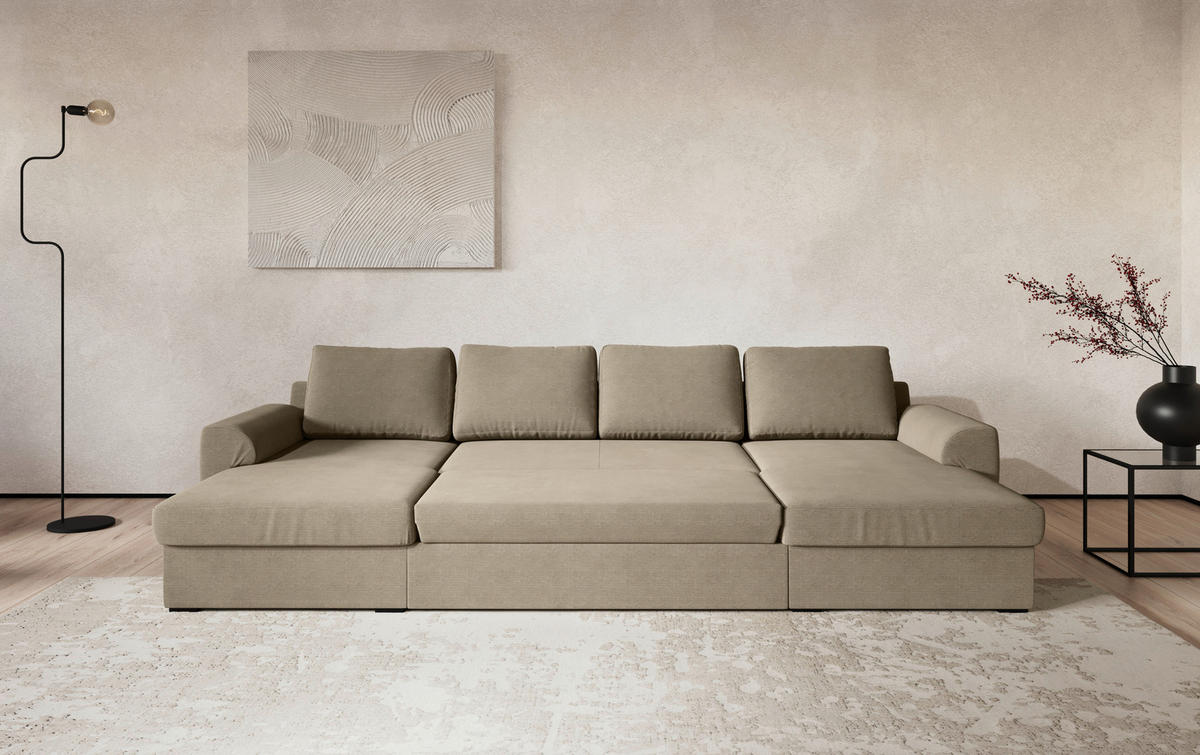 SJEDEĆA GARNITURA tekstil  smeđa   - smeđa/crna, Trend, tekstil/plastika (154/327/86cm) - MID.YOU