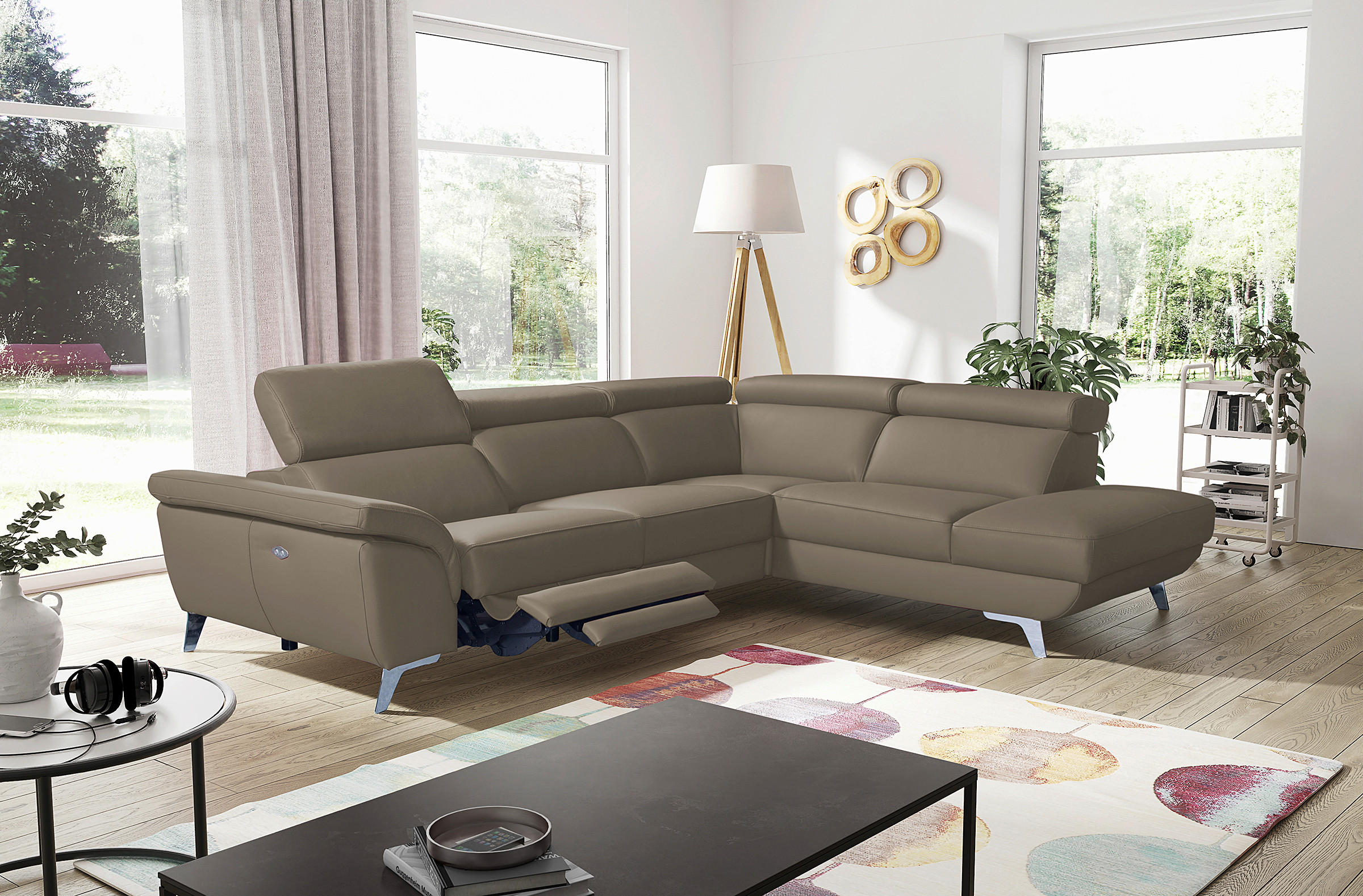 ECKSOFA  in Echtleder Taupe  283/228 cm  - Taupe/Silberfarben, Design, Leder/Metall (283/228cm) - Livetastic