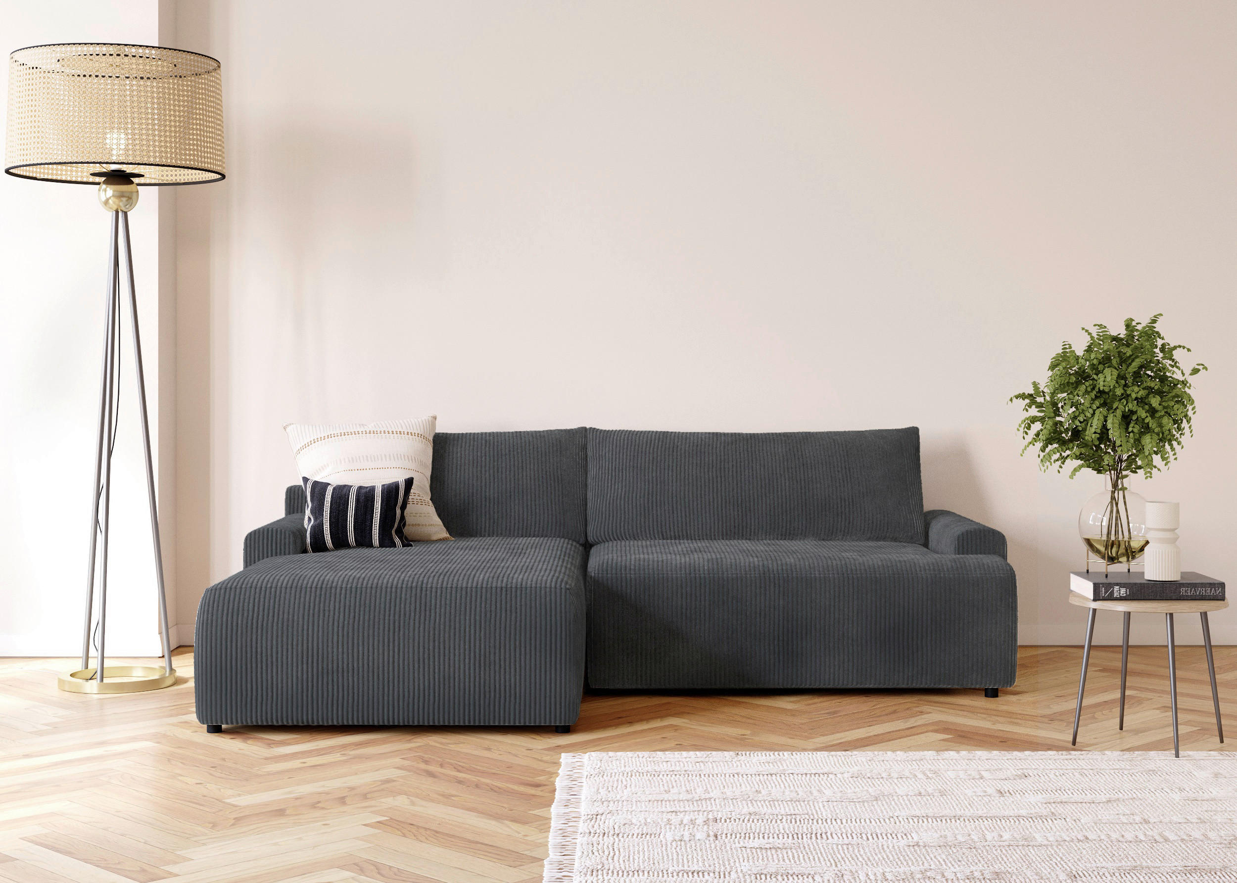 ECKSCHLAFSOFA in Cord Anthrazit - Anthrazit/Schwarz, Modern, Kunststoff/Textil (167/253cm) - Trendmanufaktur