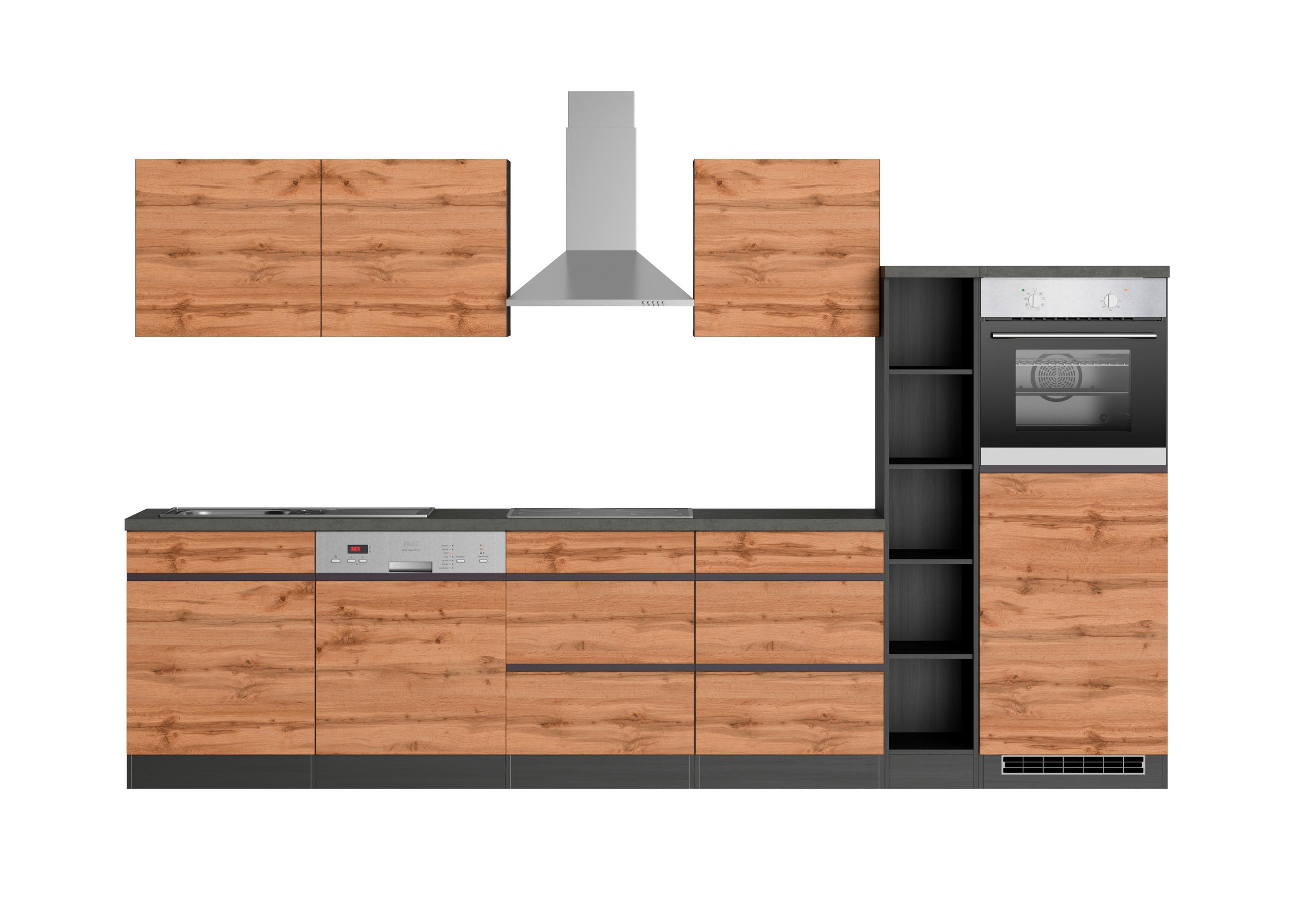 KÜCHENBLOCK 330 cm   in Graphitfarben, Eiche Wotan  - Eiche Wotan/Graphitfarben, Design, Holzwerkstoff (330cm) - Held