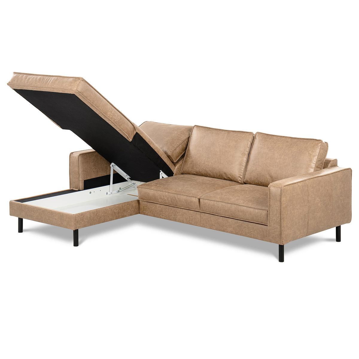 ECKSOFA Sandfarben Echtleder Lederlook Bettkasten, Schlaffunktion, Rücken echt  - Sandfarben/Schwarz, Design, Leder/Textil (166/238cm) - Livetastic